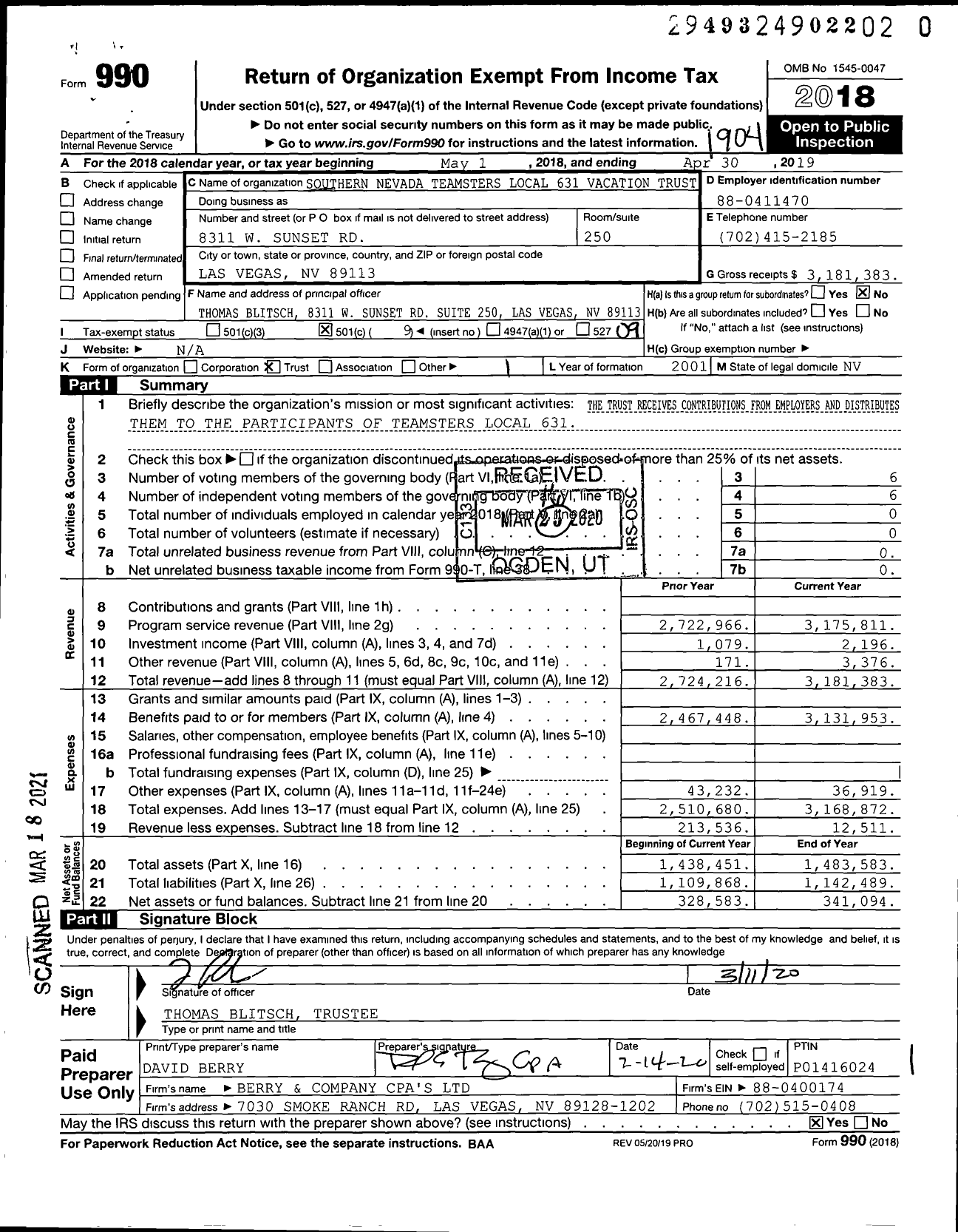 Image of first page of 2018 Form 990O for Teamsters Vacation Trust Fund
