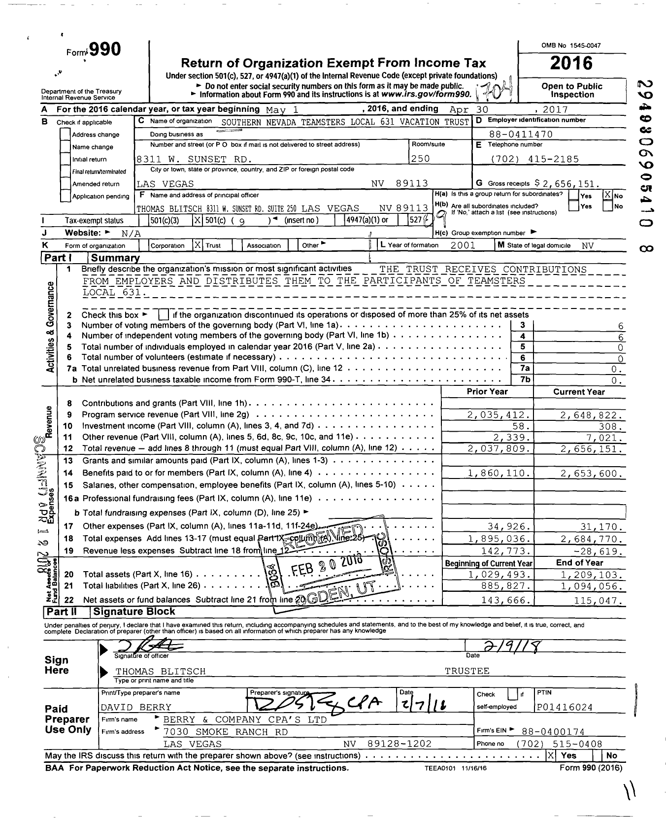Image of first page of 2016 Form 990O for Teamsters Vacation Trust Fund