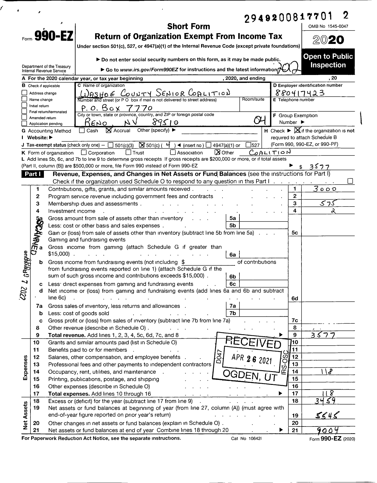 Image of first page of 2020 Form 990EO for Senior Coalition