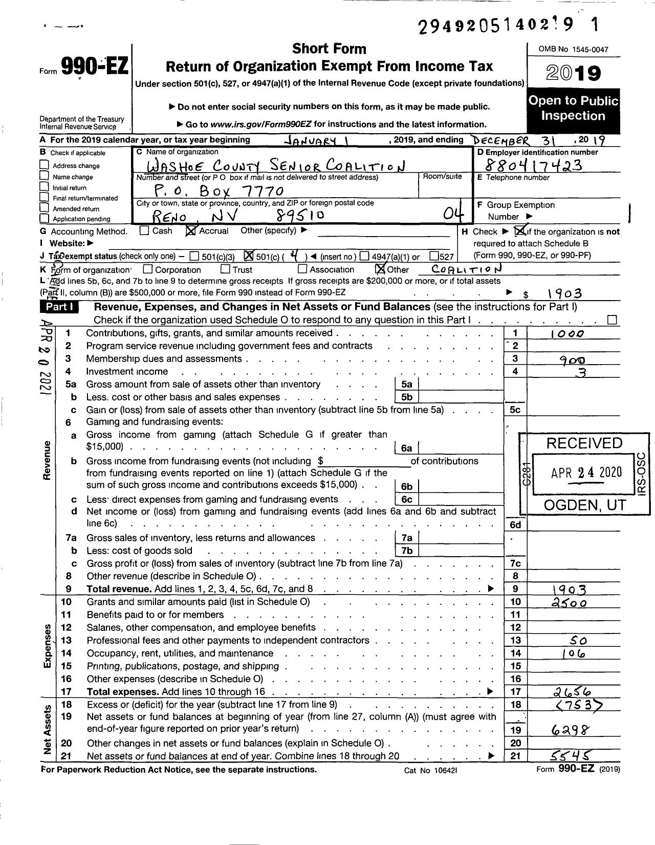 Image of first page of 2019 Form 990EO for Senior Coalition