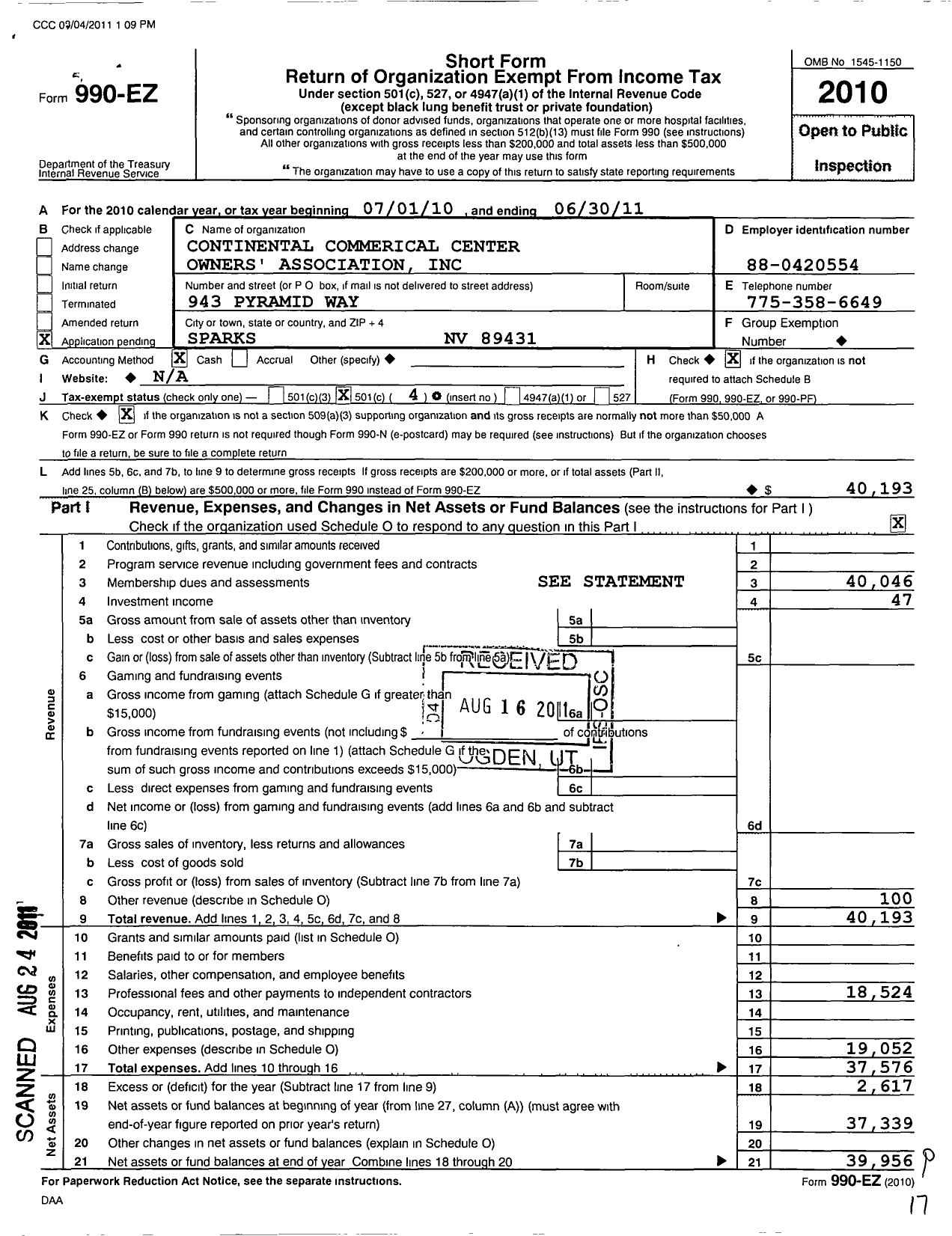 Image of first page of 2010 Form 990EO for Continental Commerical Center