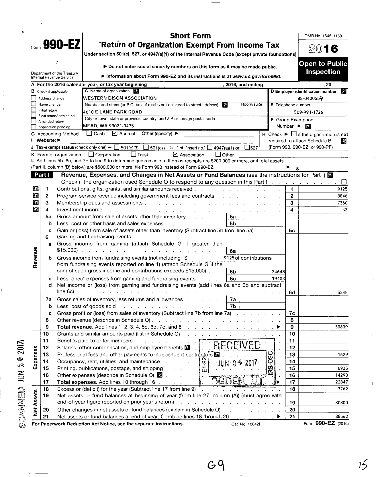 Image of first page of 2016 Form 990EO for Western Bison Association