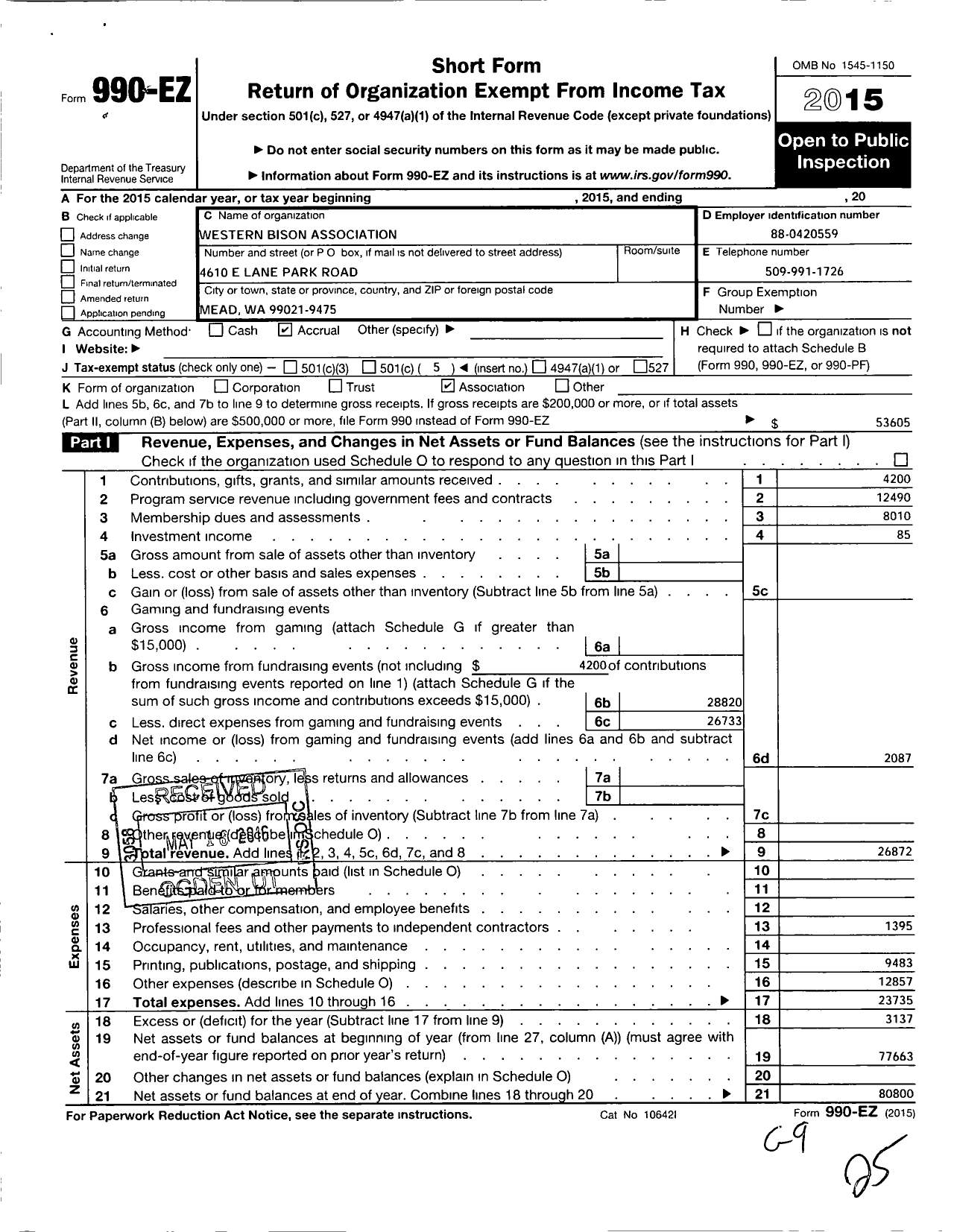 Image of first page of 2015 Form 990EO for Western Bison Association Perkins