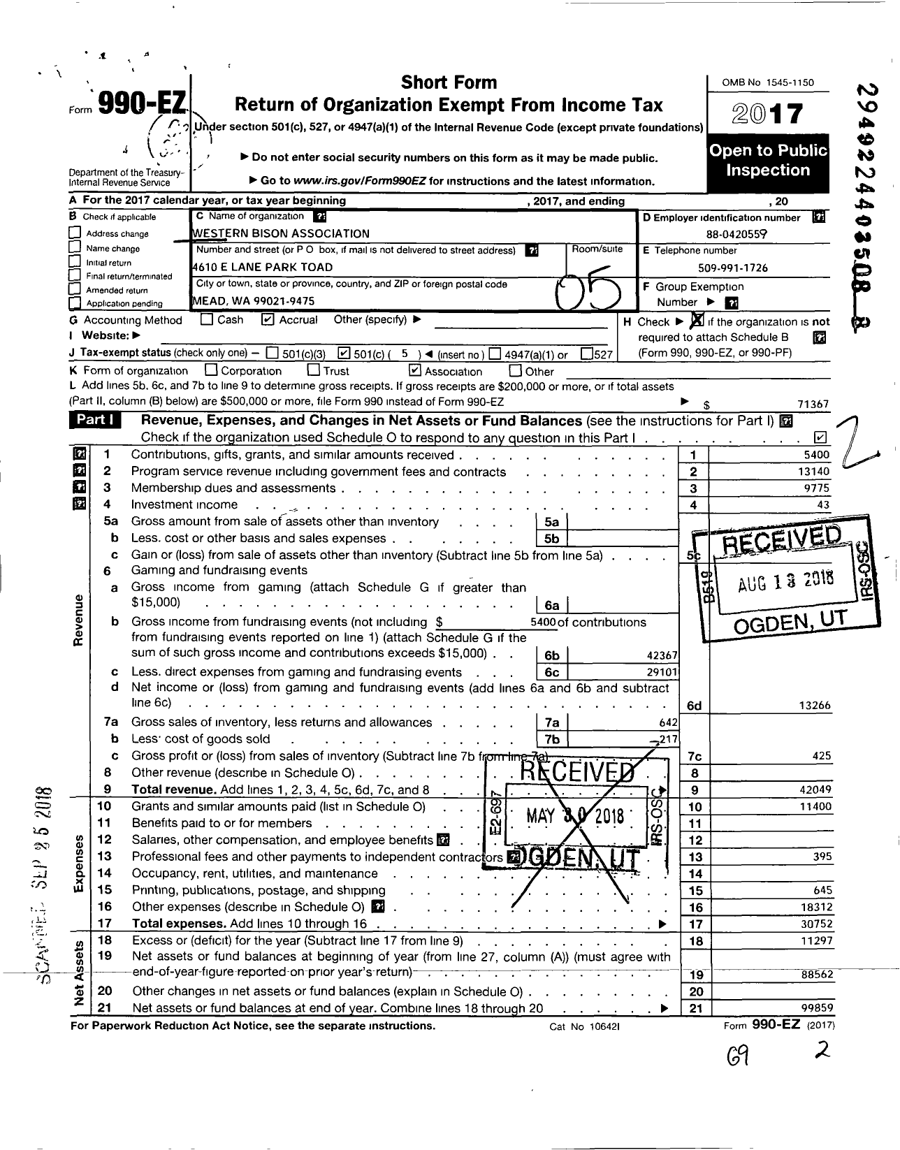 Image of first page of 2017 Form 990EO for Western Bison Association Perkins