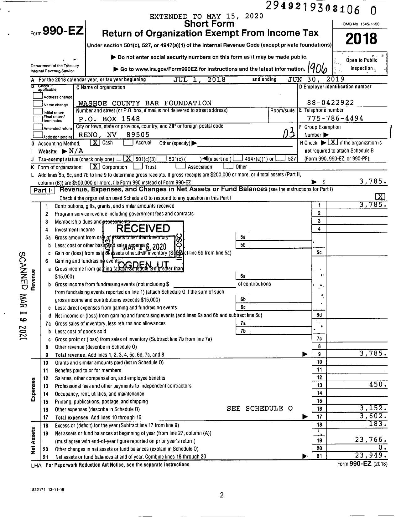 Image of first page of 2018 Form 990EZ for Washoe County Bar Foundation