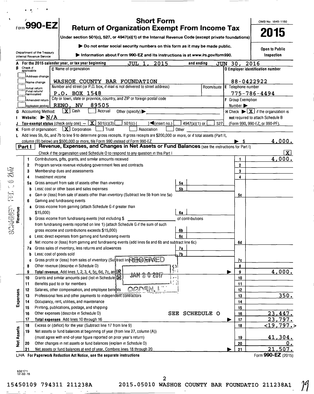 Image of first page of 2015 Form 990EZ for Washoe County Bar Foundation