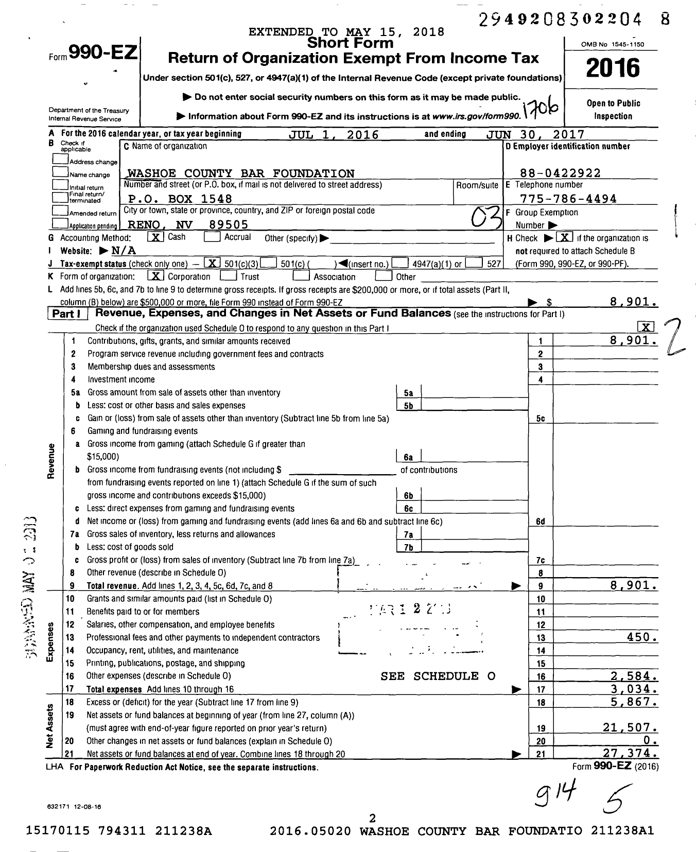 Image of first page of 2016 Form 990EZ for Washoe County Bar Foundation