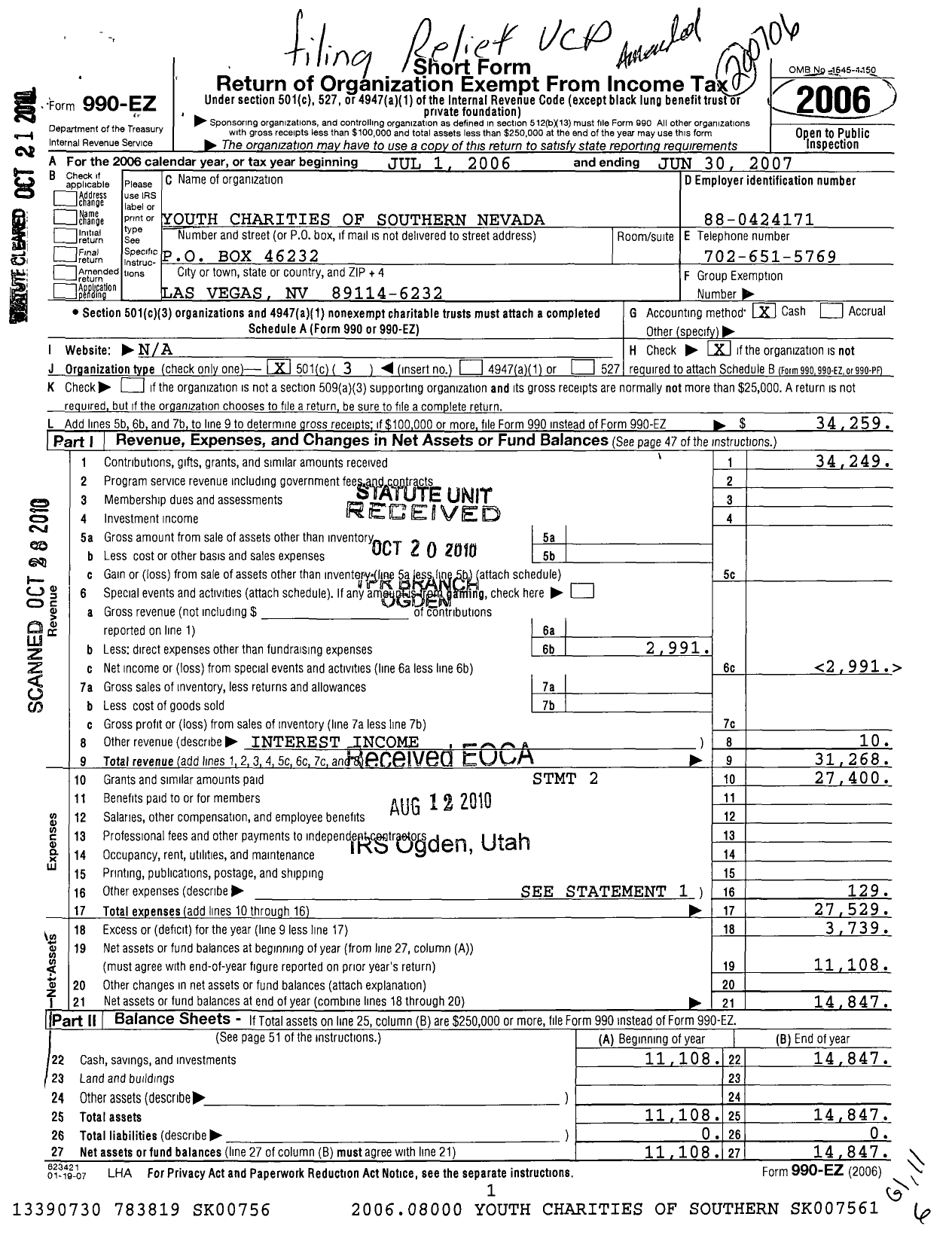 Image of first page of 2006 Form 990EZ for Youth Charities of Southern Nevada
