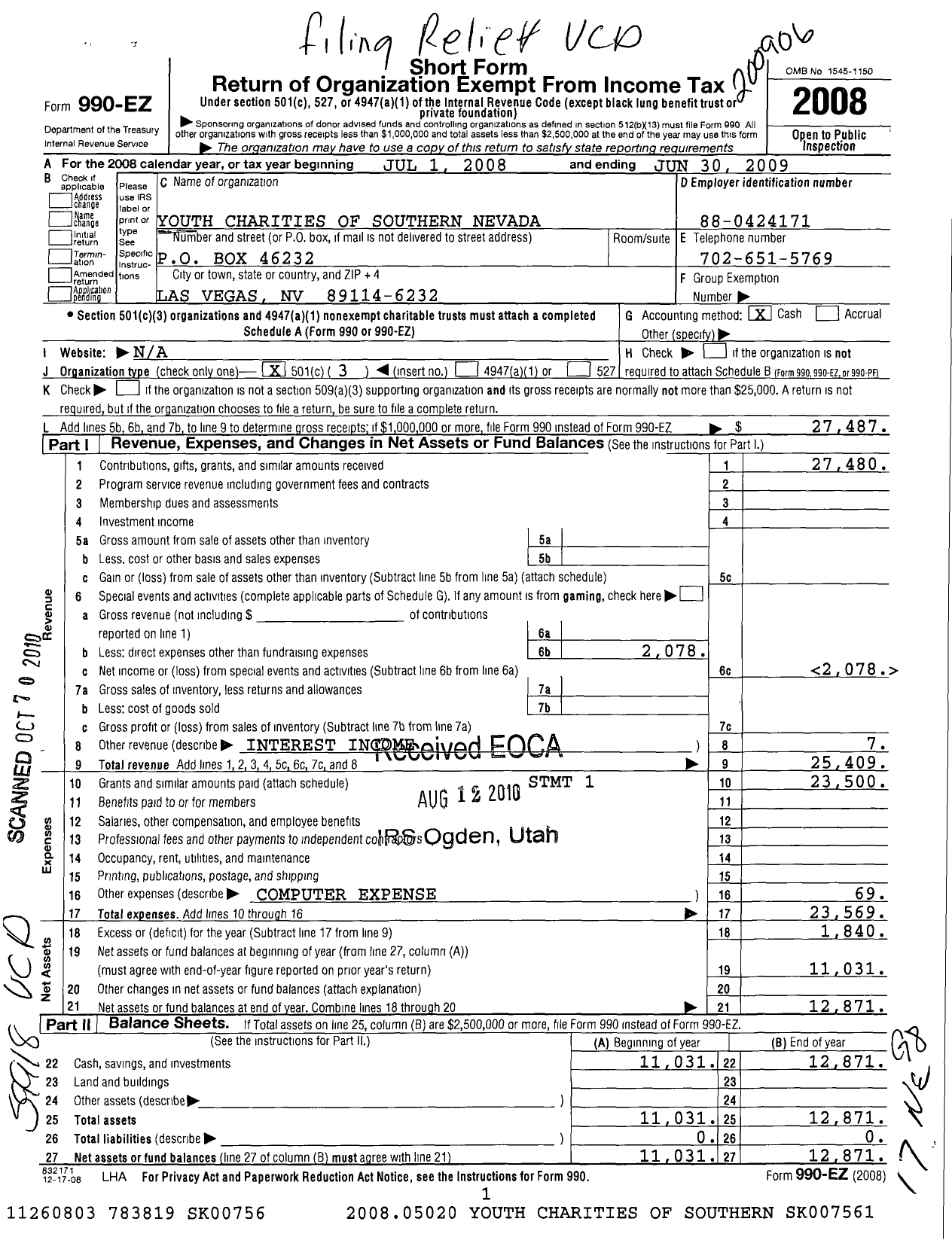 Image of first page of 2008 Form 990EZ for Youth Charities of Southern Nevada