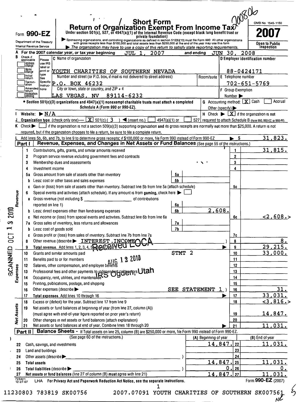 Image of first page of 2007 Form 990EZ for Youth Charities of Southern Nevada
