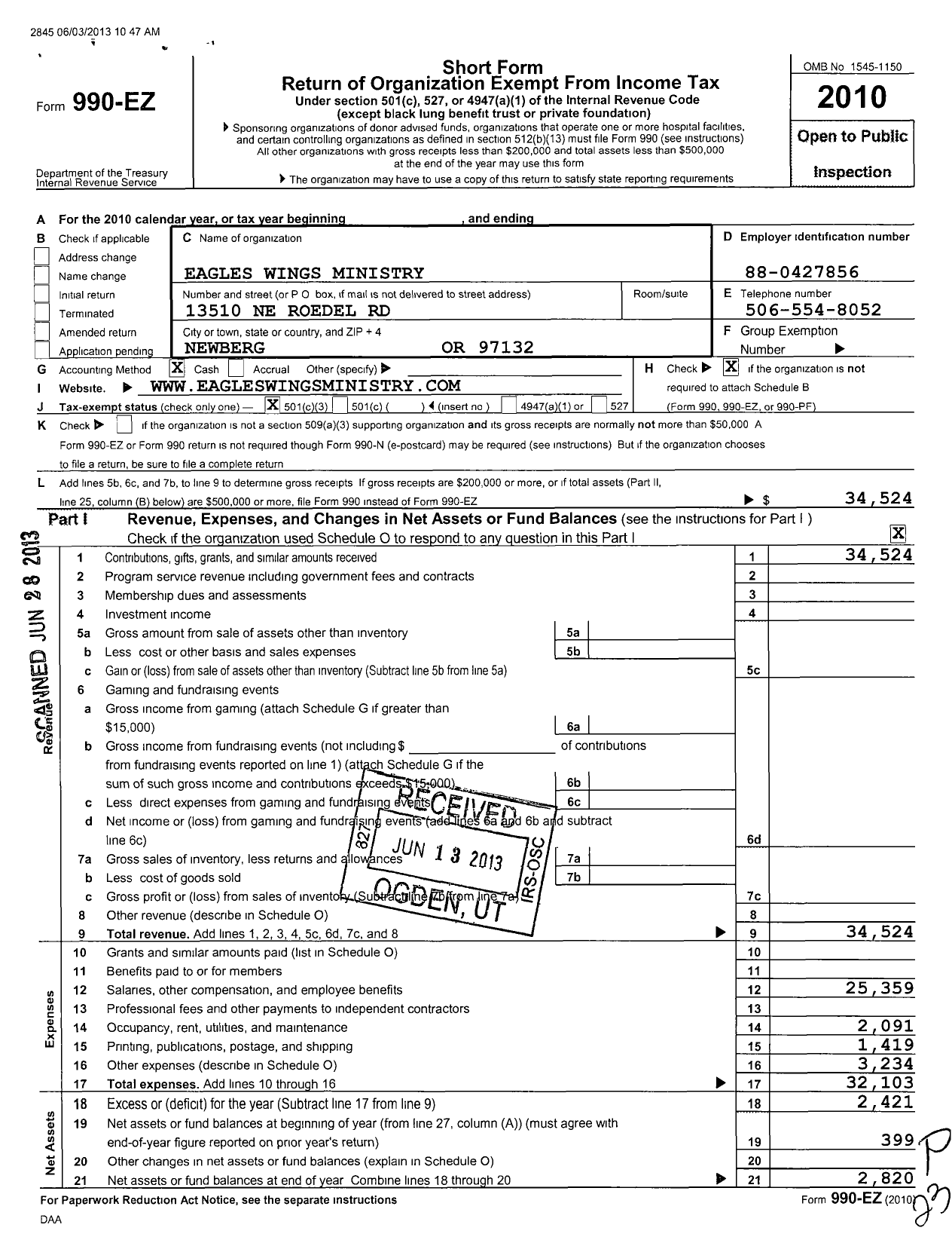 Image of first page of 2010 Form 990EZ for Eloheh Eagles Wings