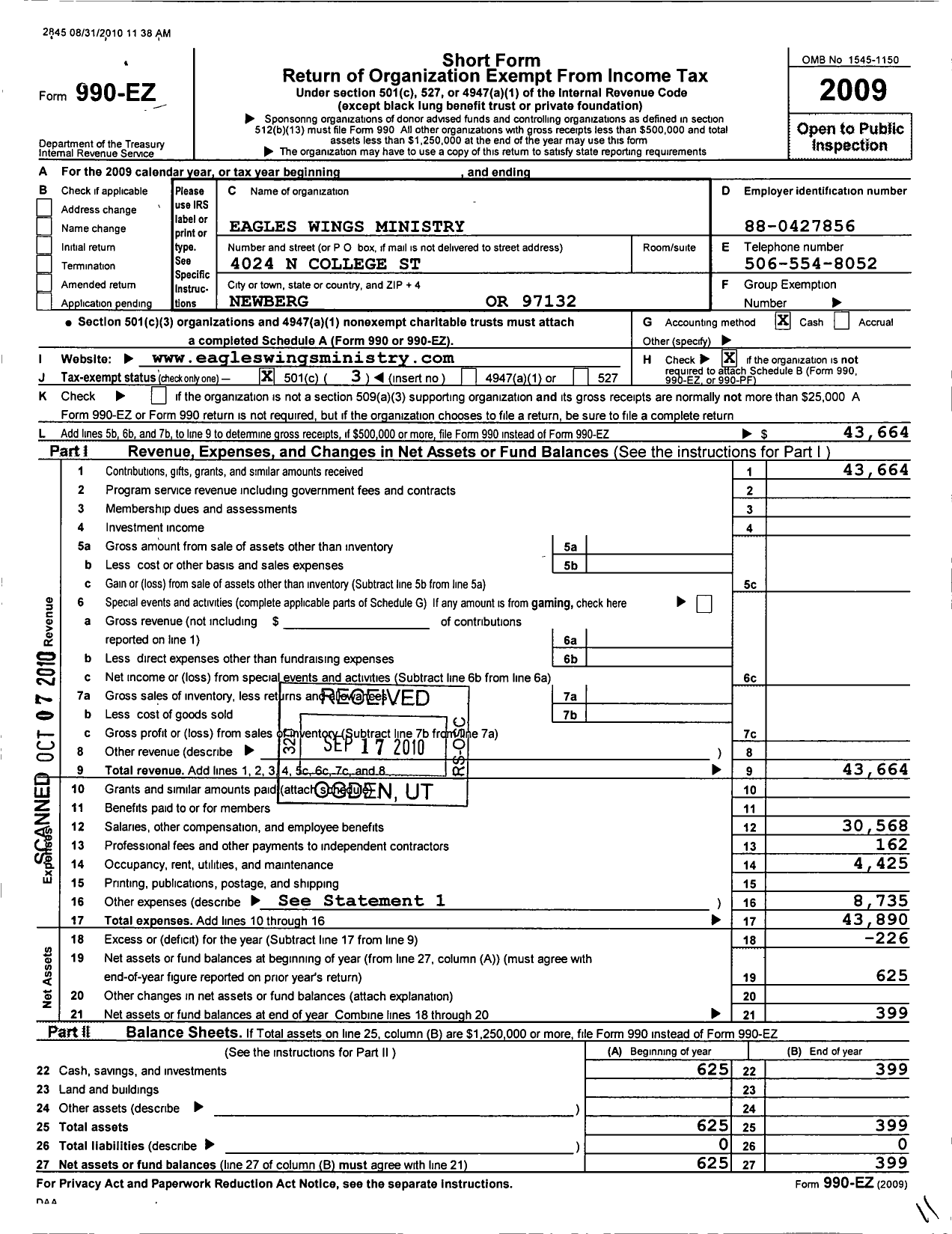 Image of first page of 2009 Form 990EZ for Eloheh Eagles Wings