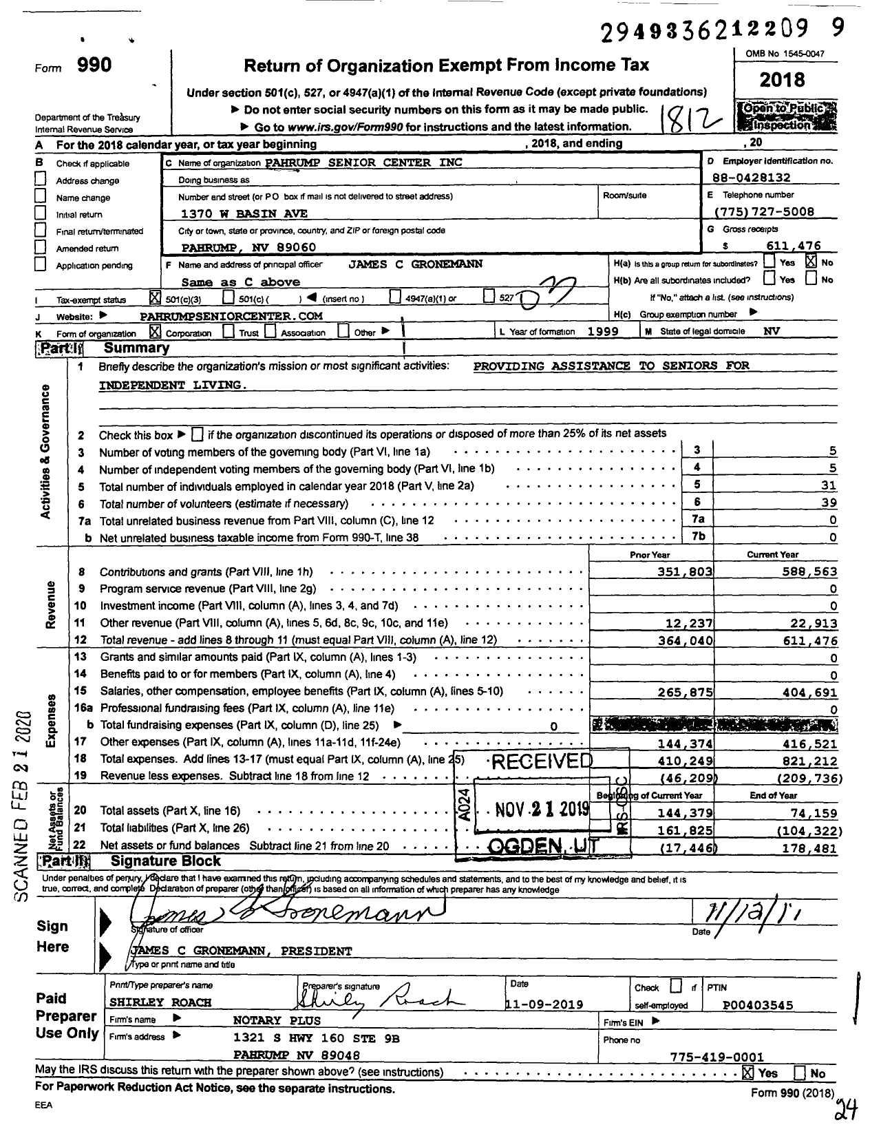 Image of first page of 2018 Form 990 for Pahrump Senior Center
