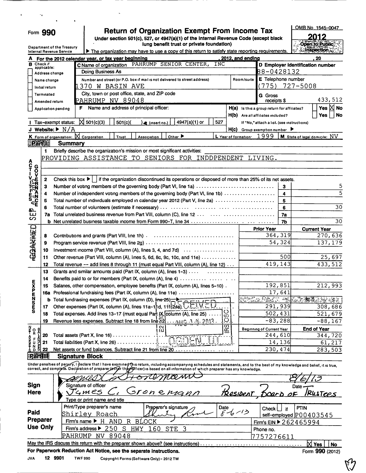 Image of first page of 2021 Form 990 for Pahrump Senior Center