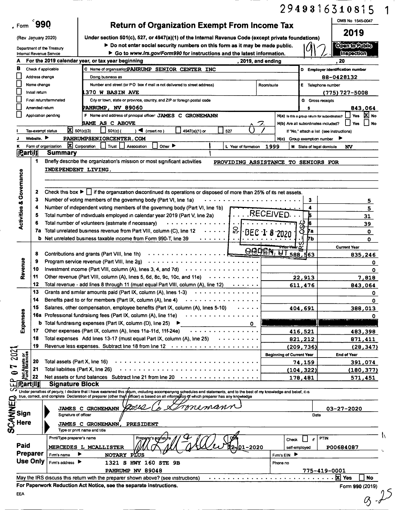 Image of first page of 2019 Form 990 for Pahrump Senior Center