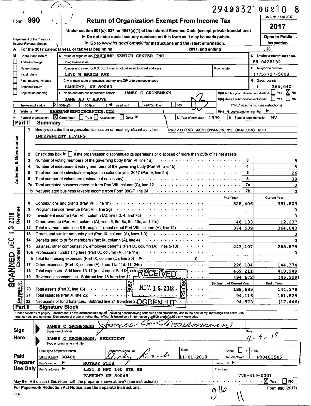 Image of first page of 2017 Form 990 for Pahrump Senior Center