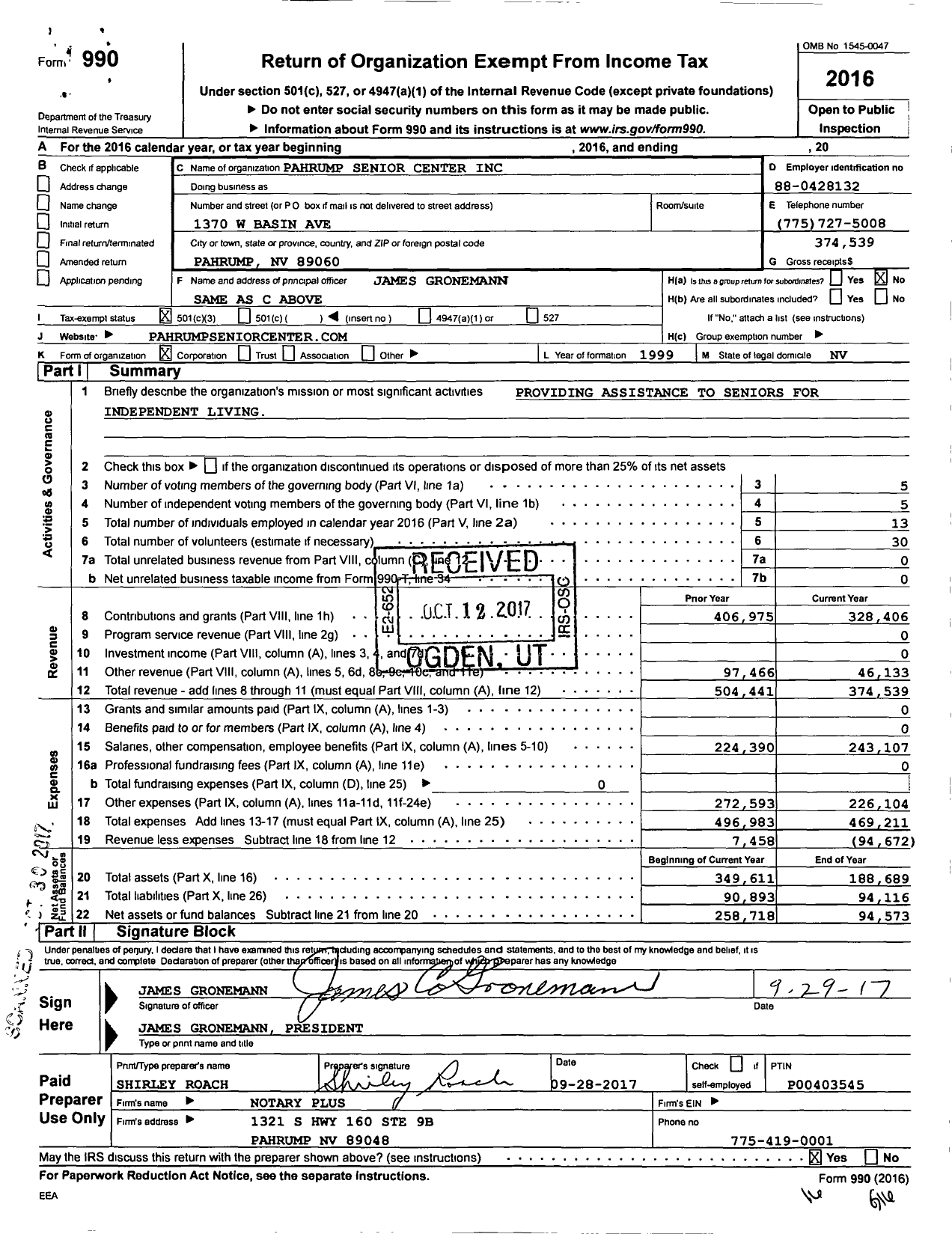 Image of first page of 2016 Form 990 for Pahrump Senior Center
