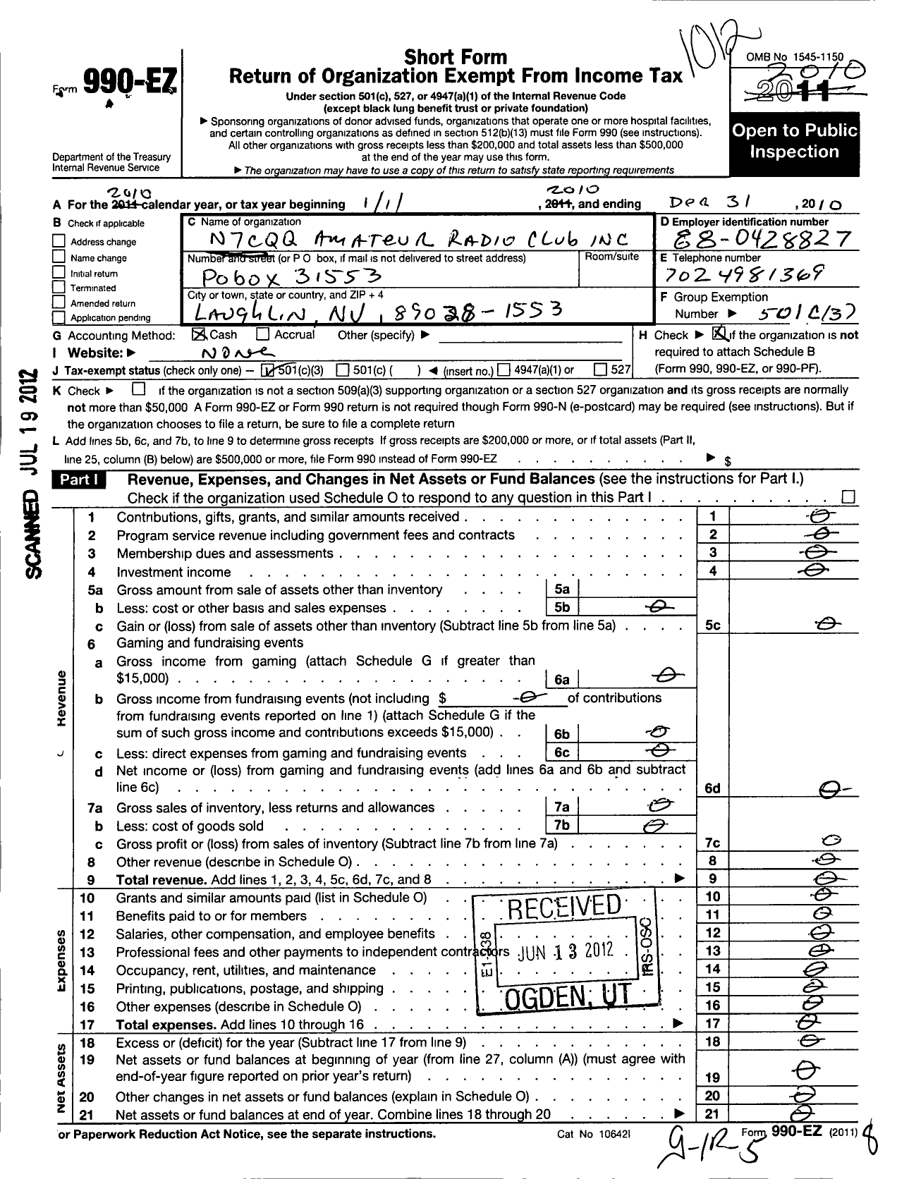 Image of first page of 2010 Form 990EZ for N7CQQ Amatuer Radio Club