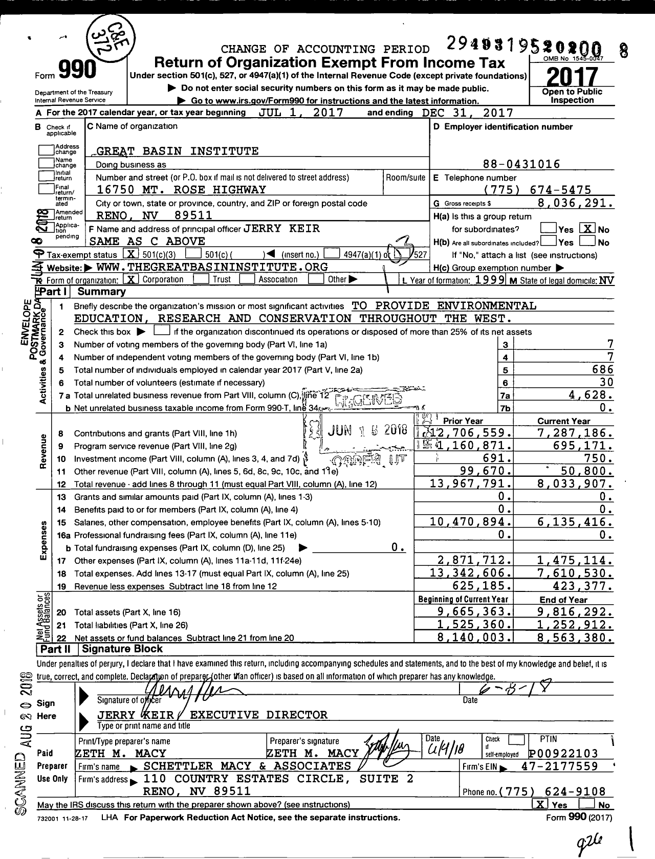 Image of first page of 2017 Form 990 for Great Basin Institute