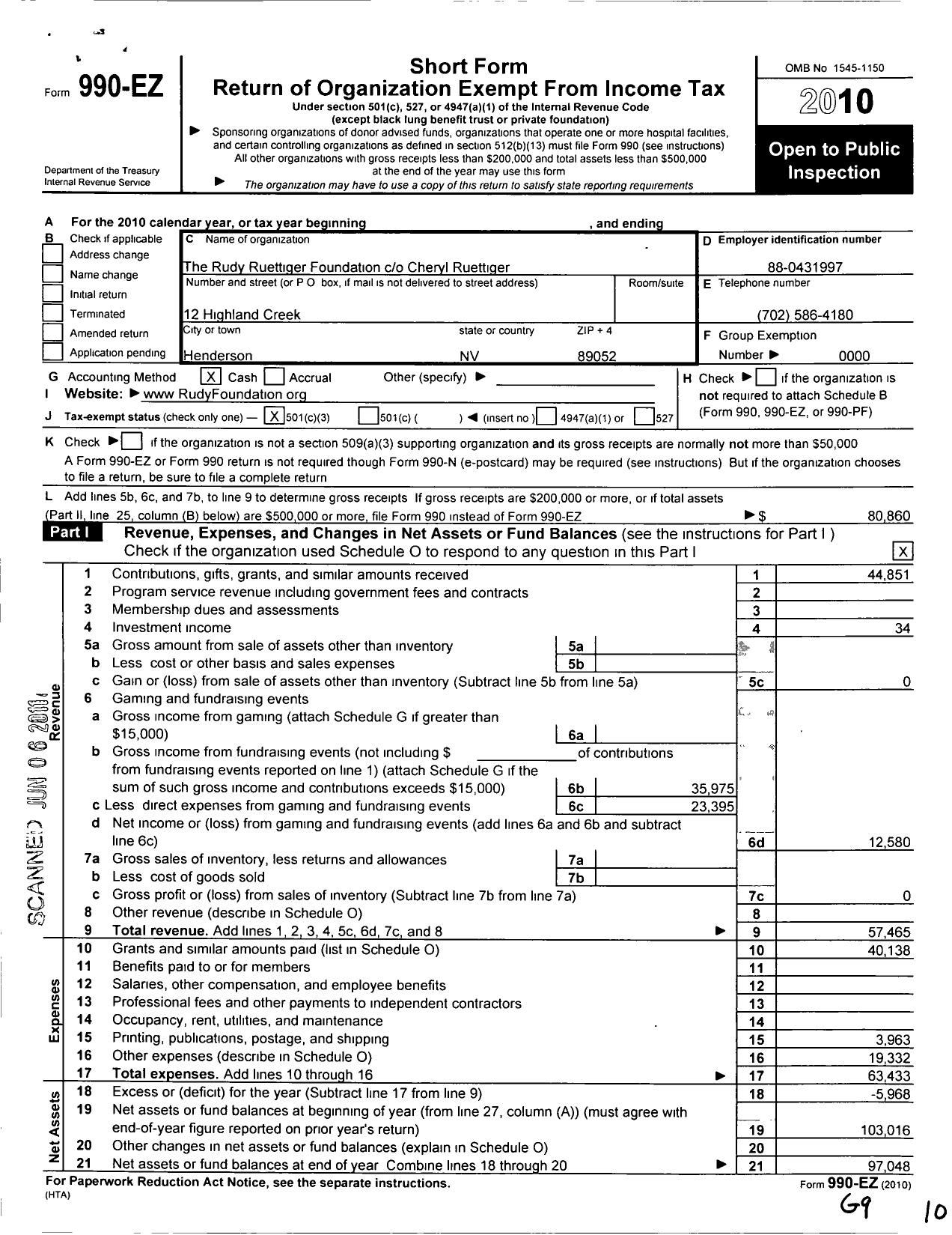 Image of first page of 2010 Form 990EZ for The Rudy Ruettiger Foundation