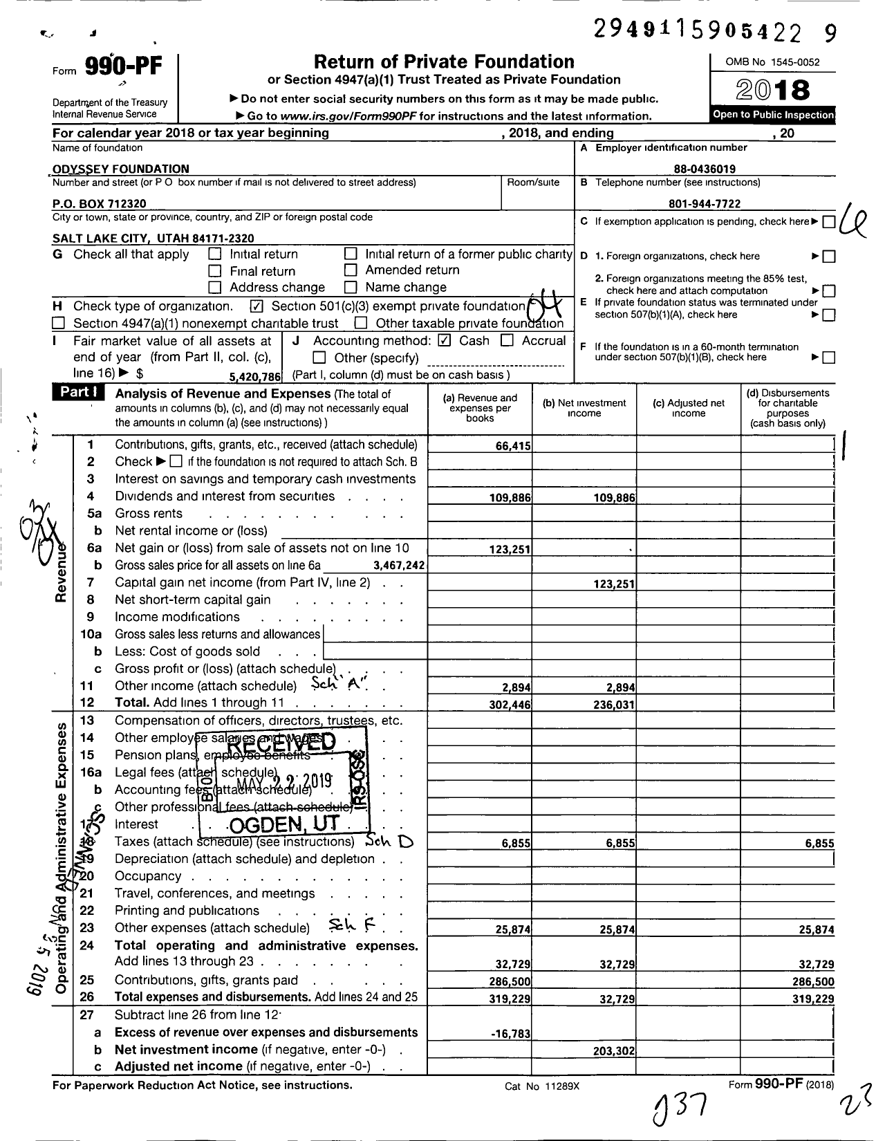 Image of first page of 2018 Form 990PF for Odyssey Foundation