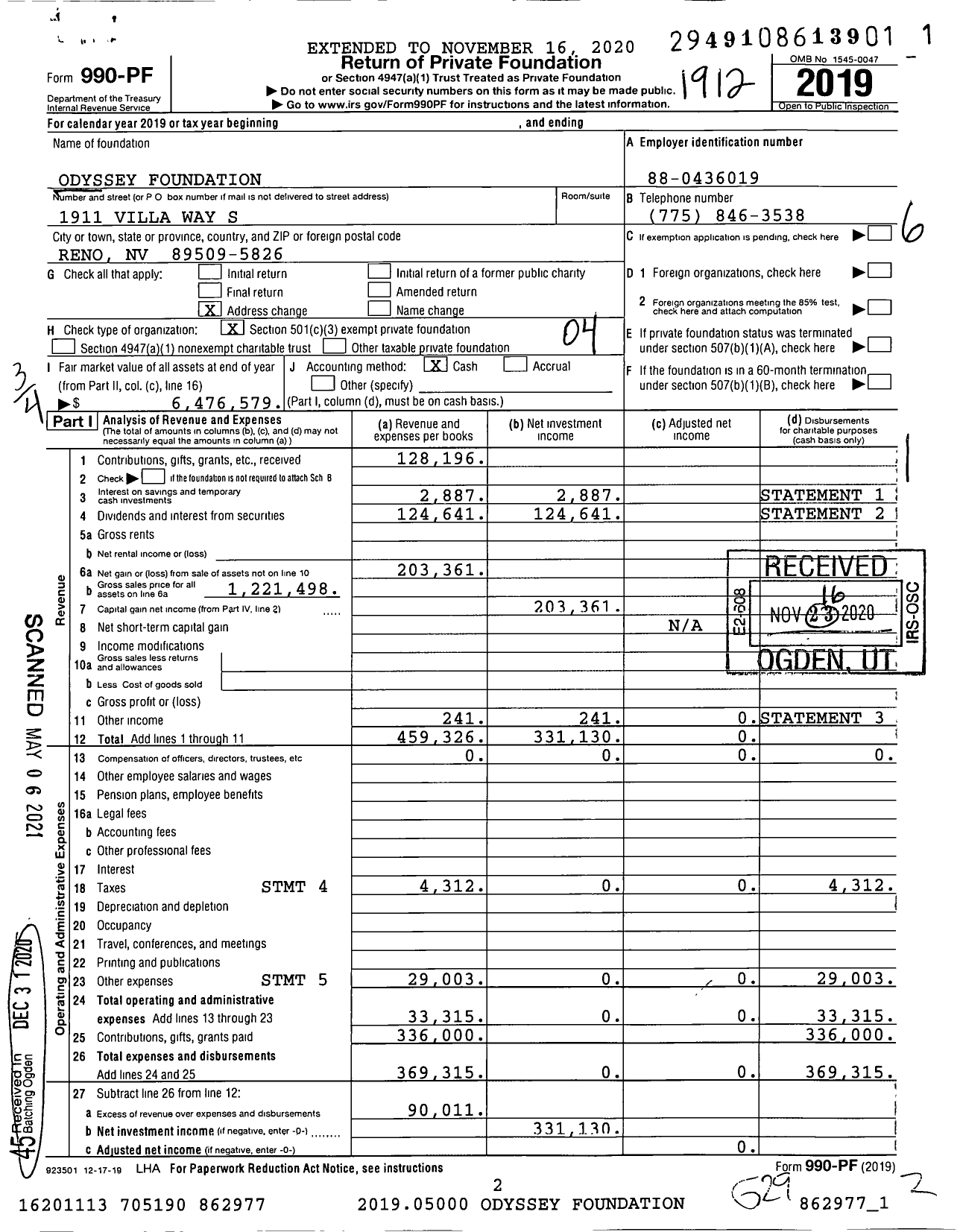 Image of first page of 2019 Form 990PF for Odyssey Foundation