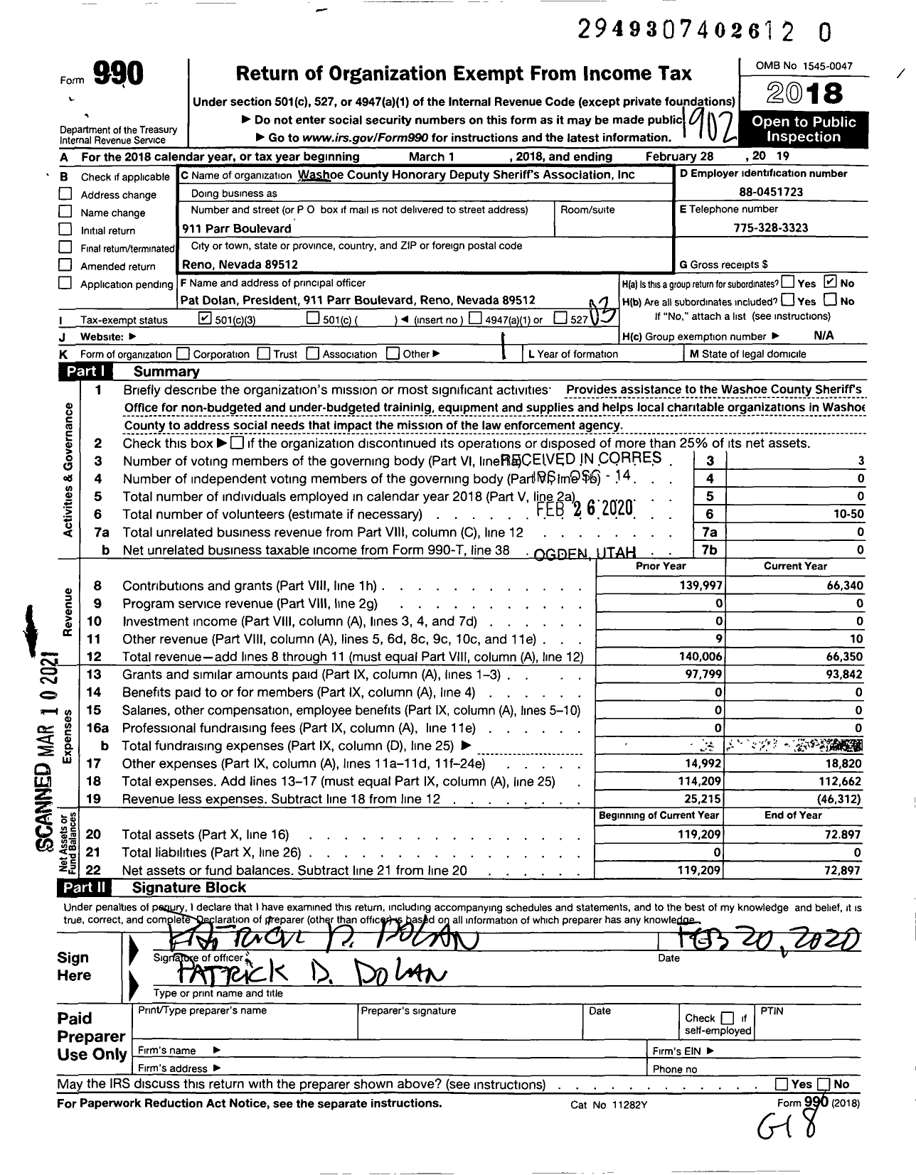 Image of first page of 2018 Form 990 for Washoe County Honorary Deputy Sheriff's Association