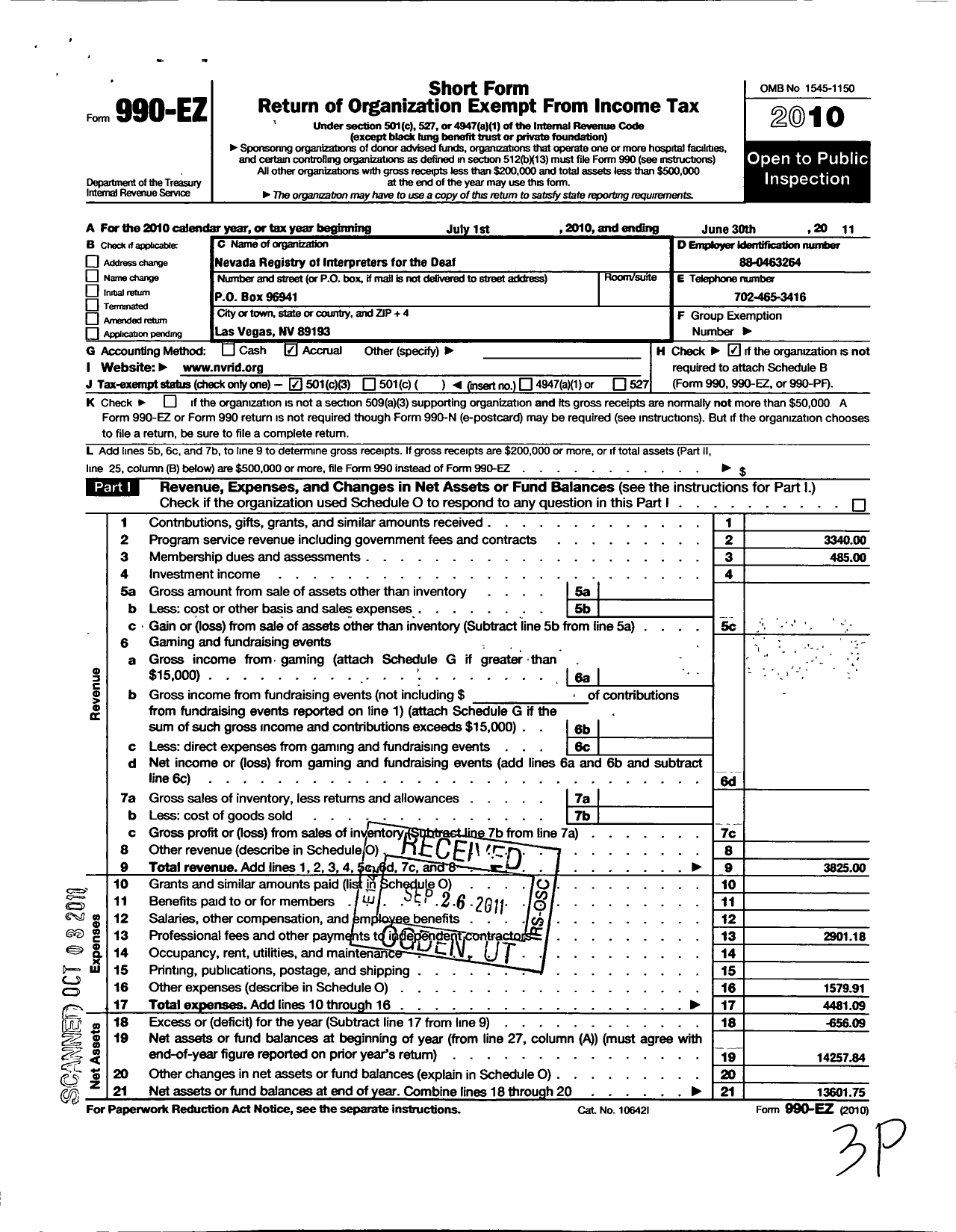 Image of first page of 2010 Form 990EZ for Registry of Interpreters for the Deaf / Nevada Rid