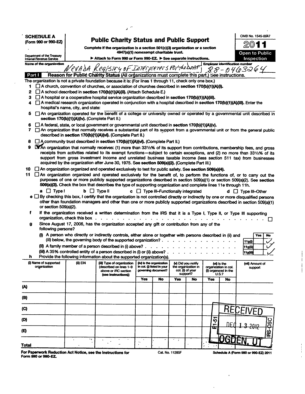 Image of first page of 2011 Form 990ER for Registry of Interpreters for the Deaf / Nevada Rid