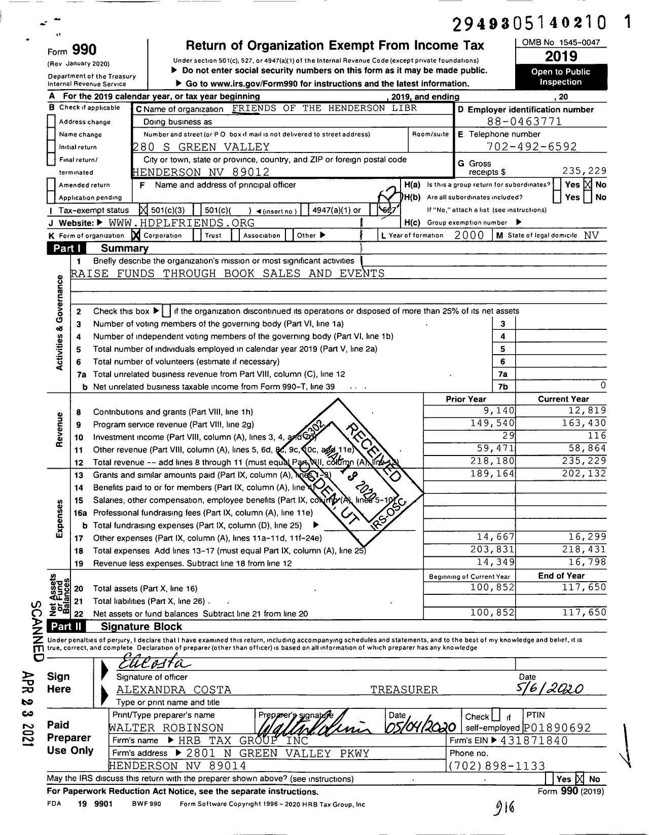 Image of first page of 2019 Form 990 for Friends of the Henderson Libraries