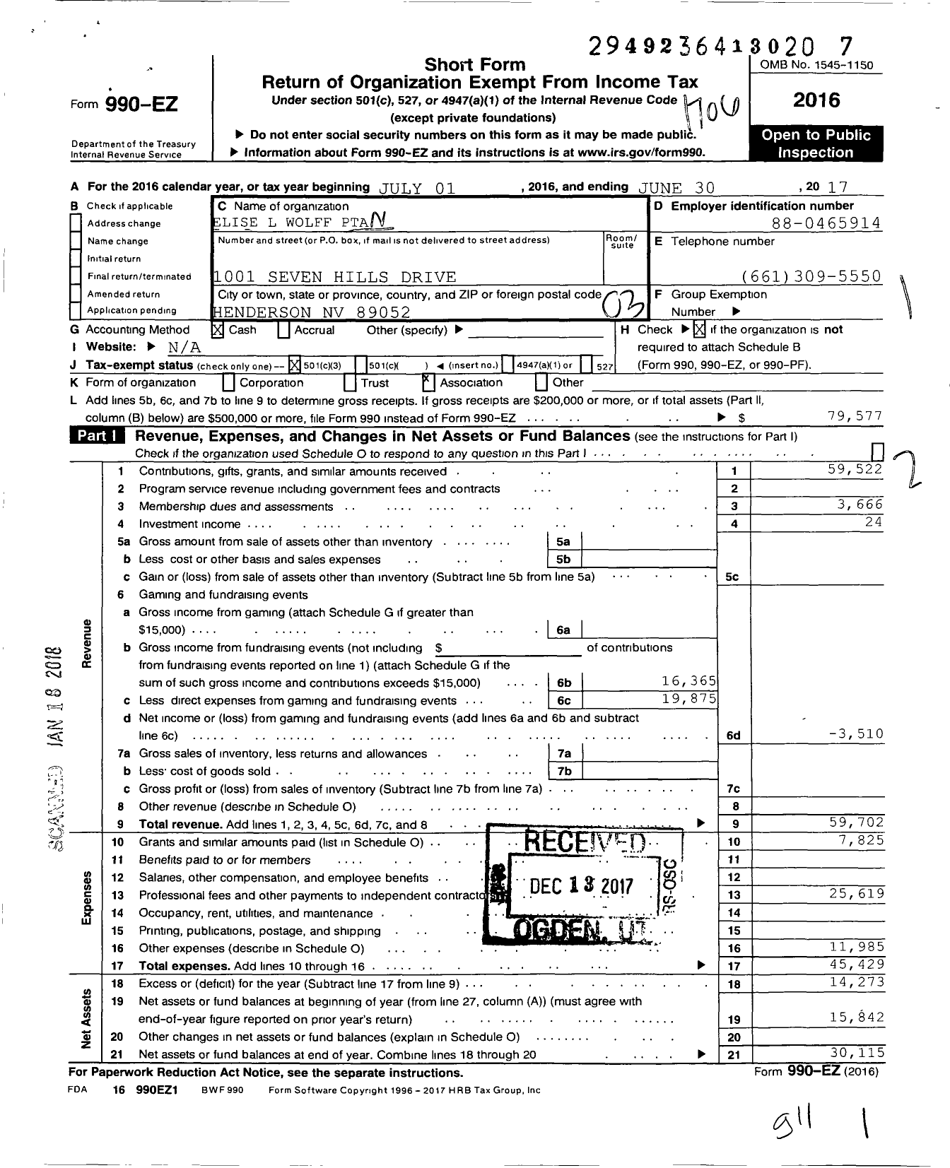 Image of first page of 2016 Form 990EZ for PTA Nevada Congress / Elise L Wolff Es