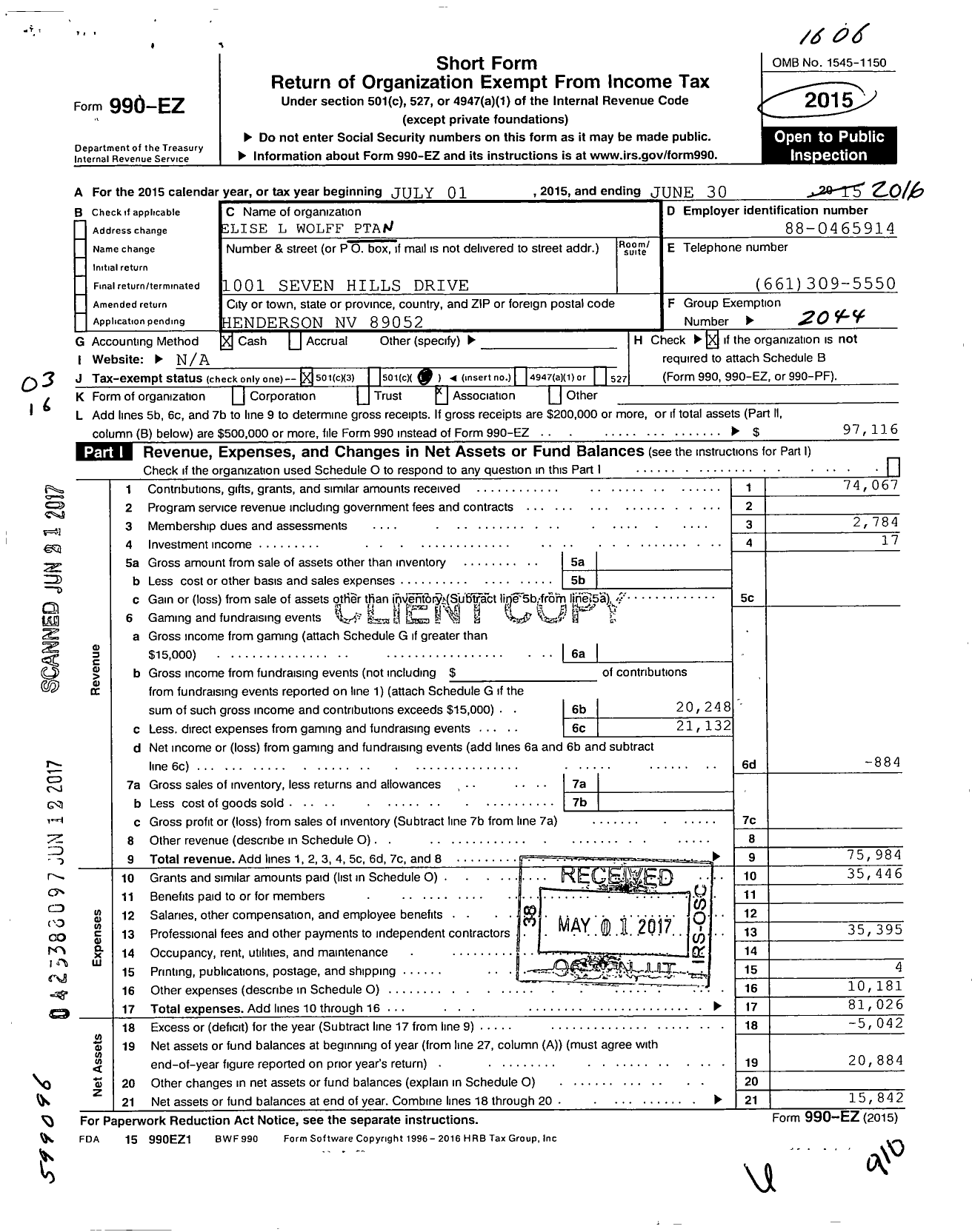 Image of first page of 2015 Form 990EZ for PTA Nevada Congress / Elise L Wolff Es