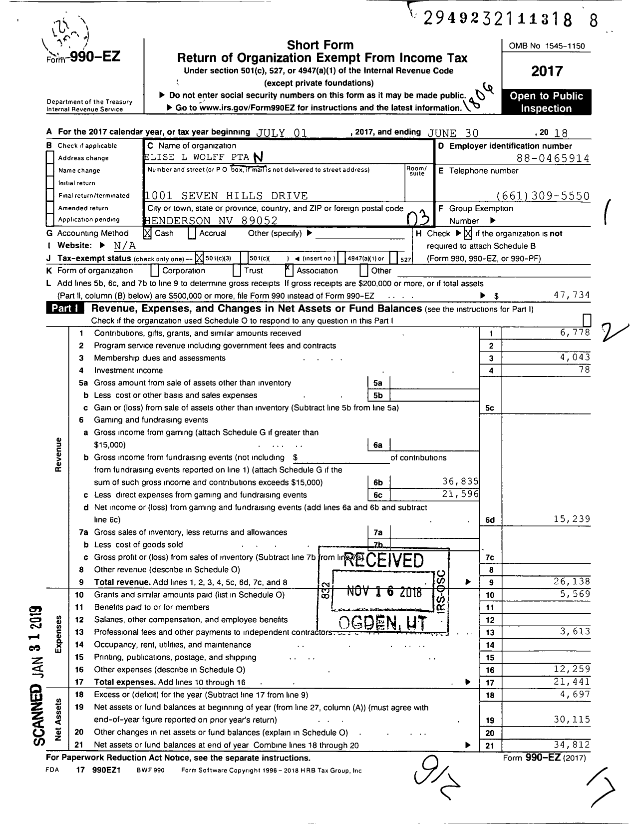 Image of first page of 2017 Form 990EZ for PTA Nevada Congress / Elise L Wolff Es