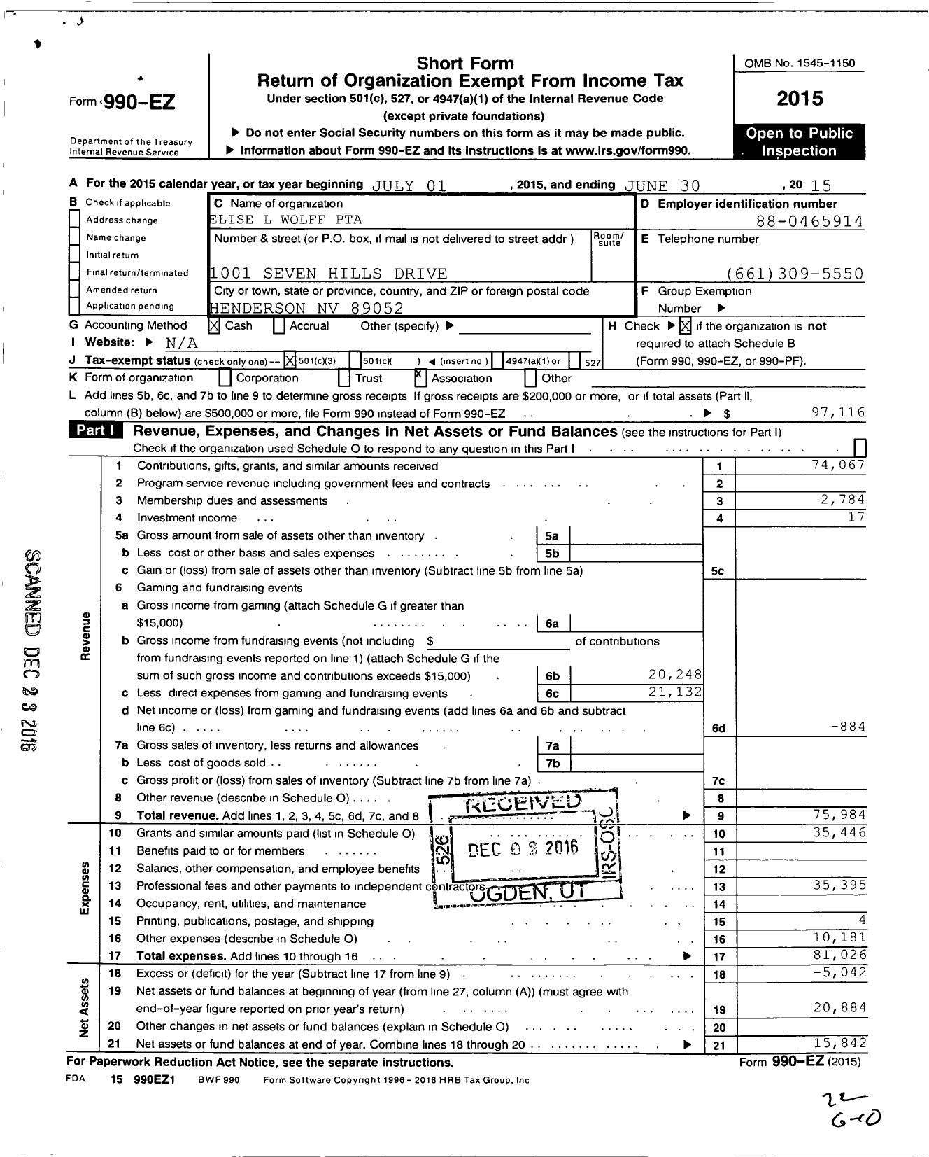 Image of first page of 2014 Form 990EZ for PTA Nevada Congress / Elise L Wolff Es