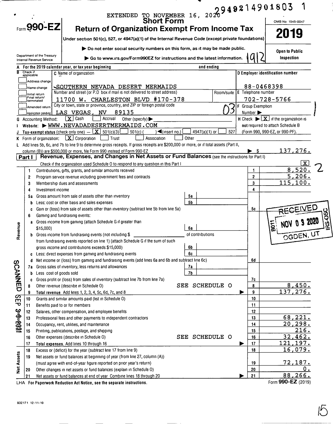 Image of first page of 2019 Form 990EZ for Southern Nevada Desert Mermaids