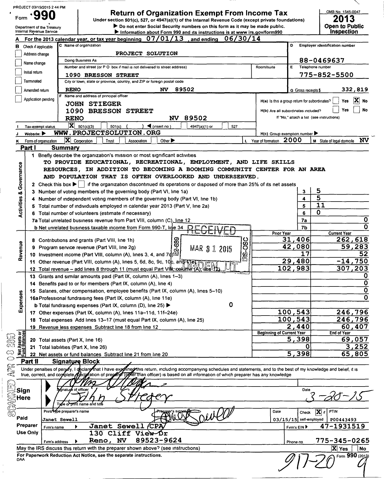 Image of first page of 2013 Form 990 for Project Solution