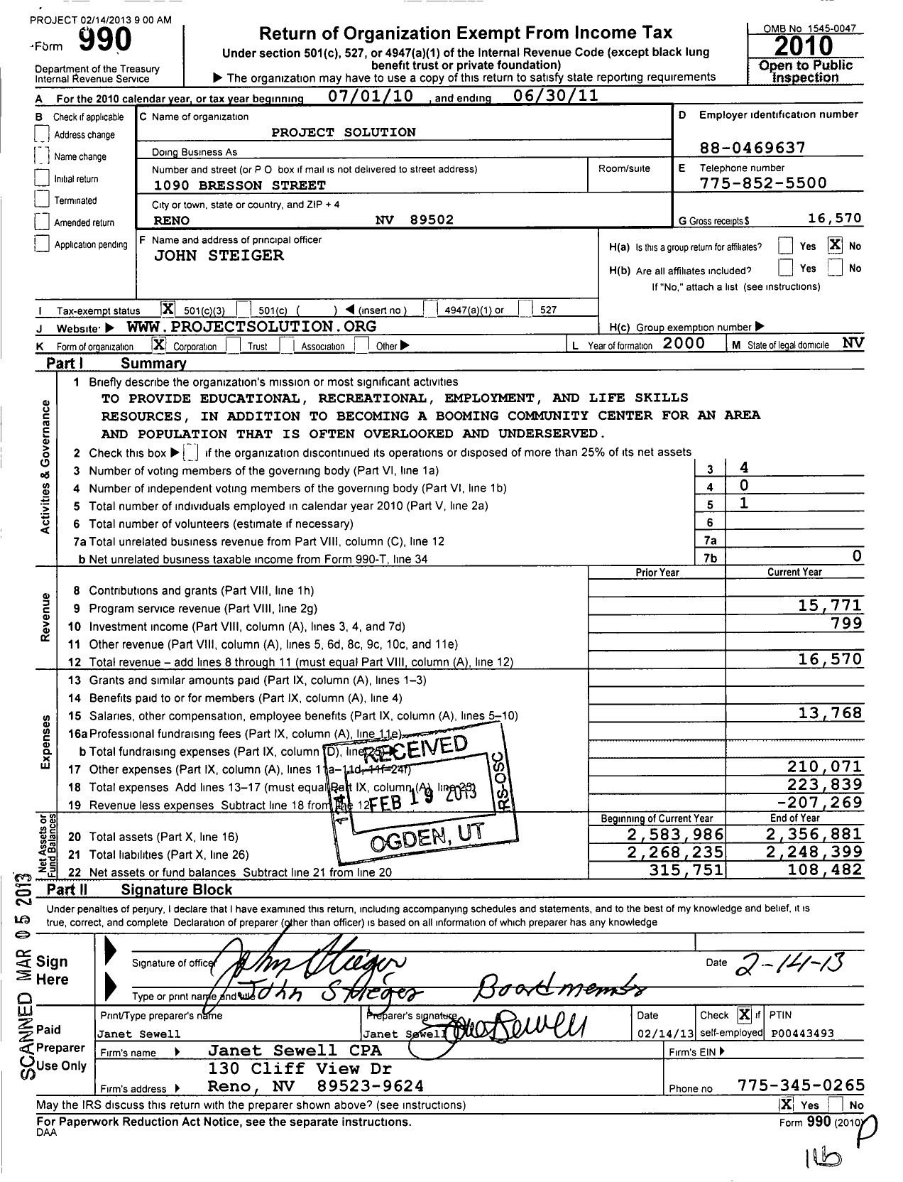 Image of first page of 2010 Form 990 for Project Solution