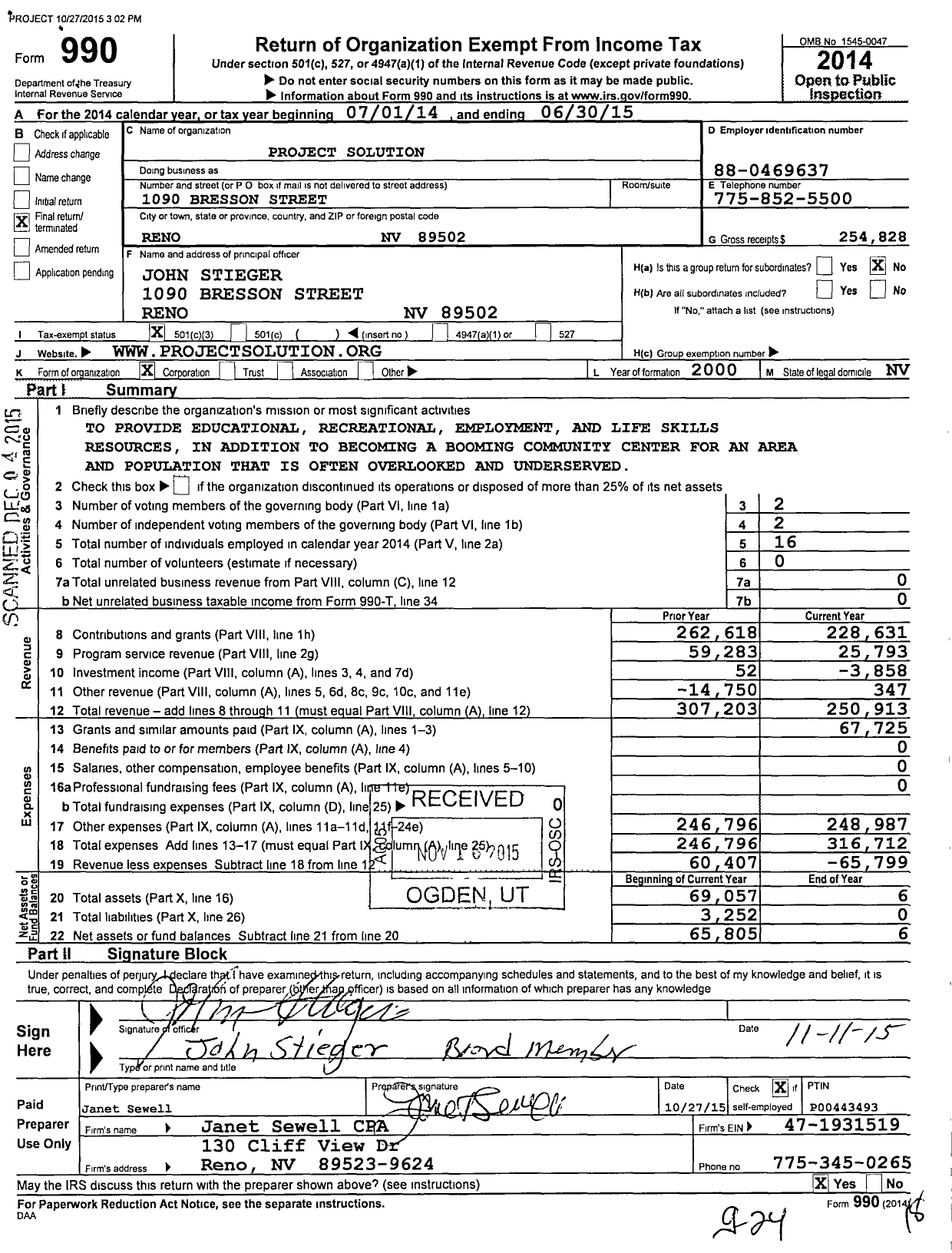 Image of first page of 2014 Form 990 for Project Solution