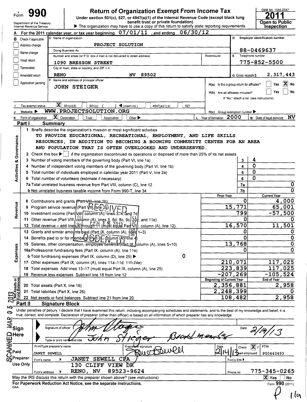 Image of first page of 2011 Form 990 for Project Solution