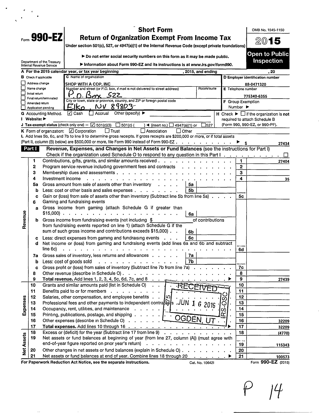 Image of first page of 2015 Form 990EZ for Shop With A Cop