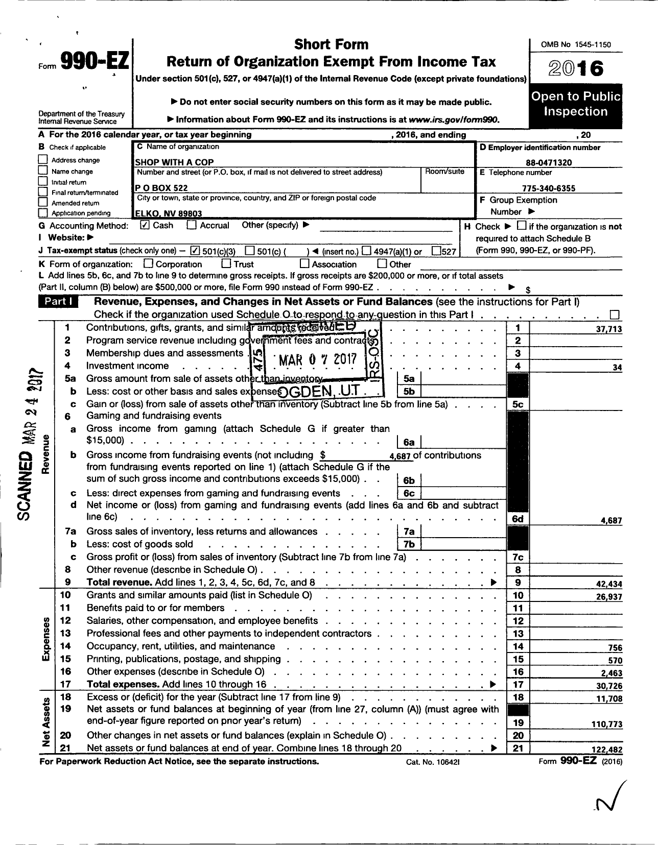 Image of first page of 2016 Form 990EZ for Shop With A Cop