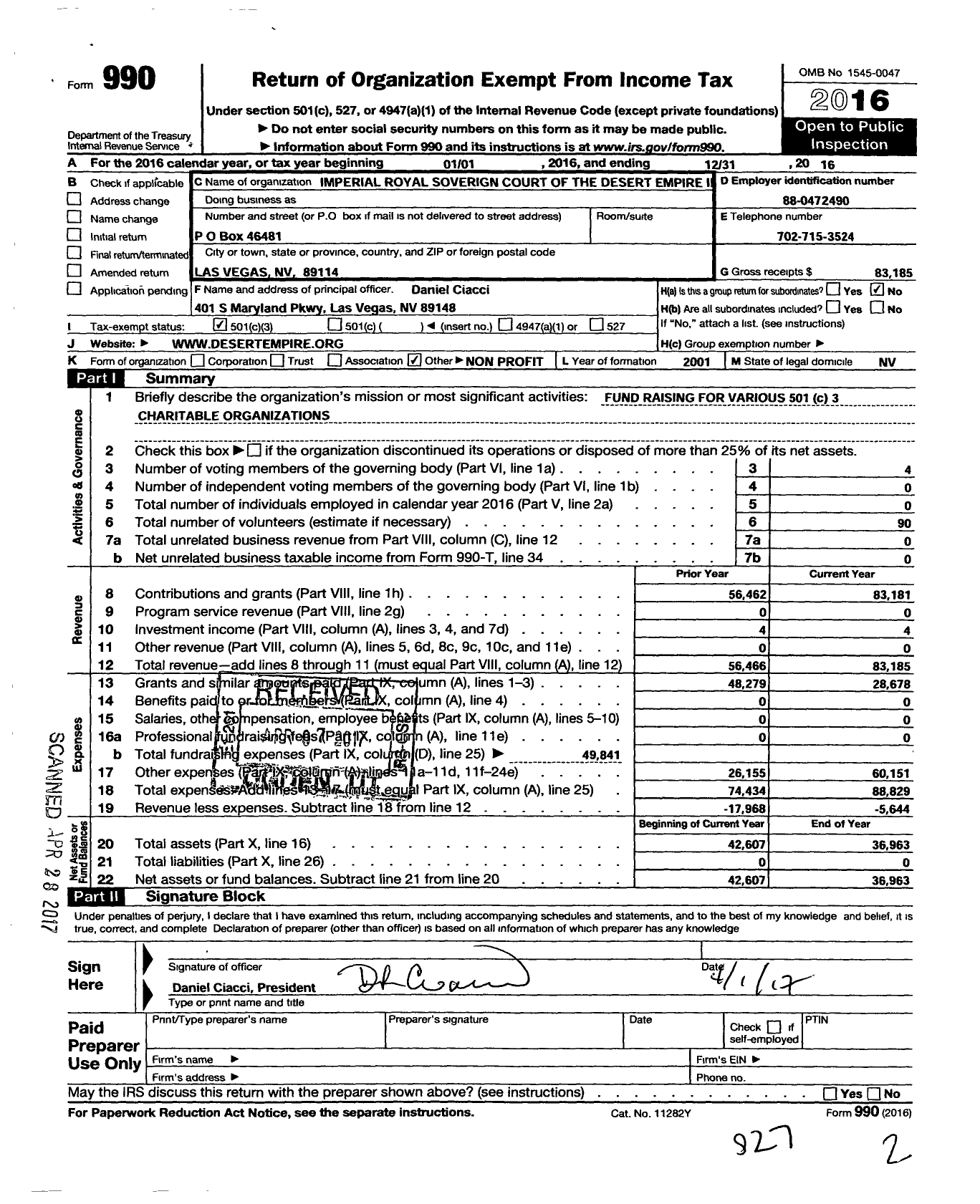 Image of first page of 2016 Form 990 for Imperial Royal Soverign Court of the Desert Empire