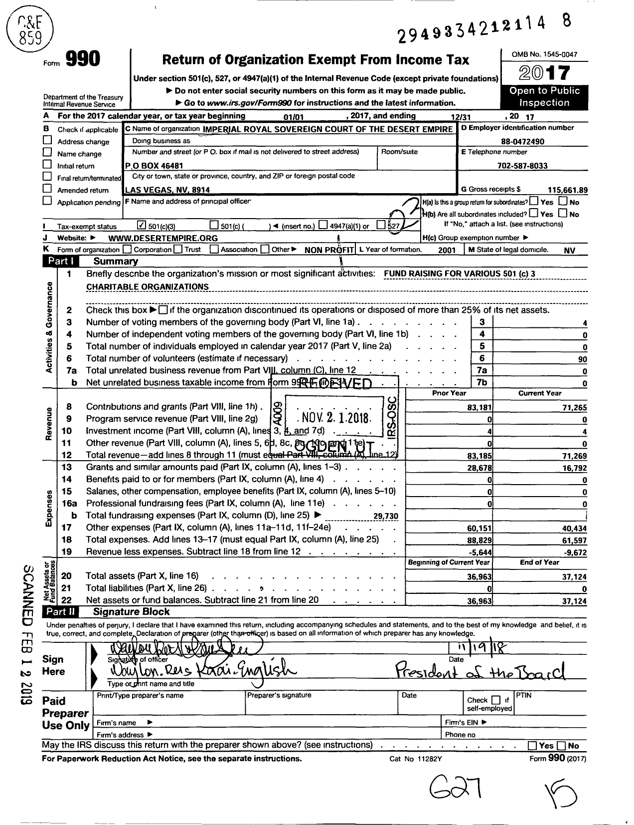 Image of first page of 2017 Form 990 for Imperial Royal Soverign Court of the Desert Empire