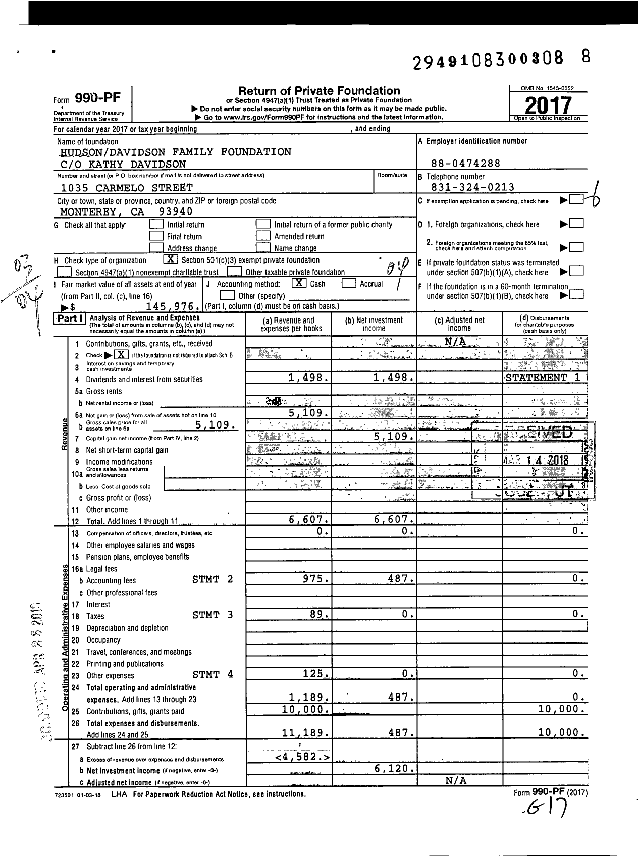 Image of first page of 2017 Form 990PF for Hudson Davidson Family Foundation