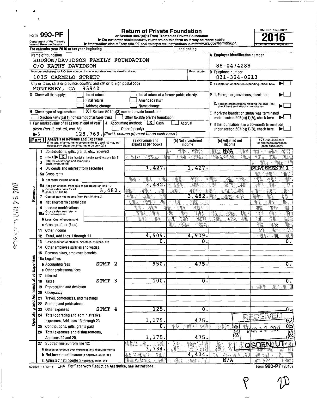 Image of first page of 2016 Form 990PF for Hudson Davidson Family Foundation