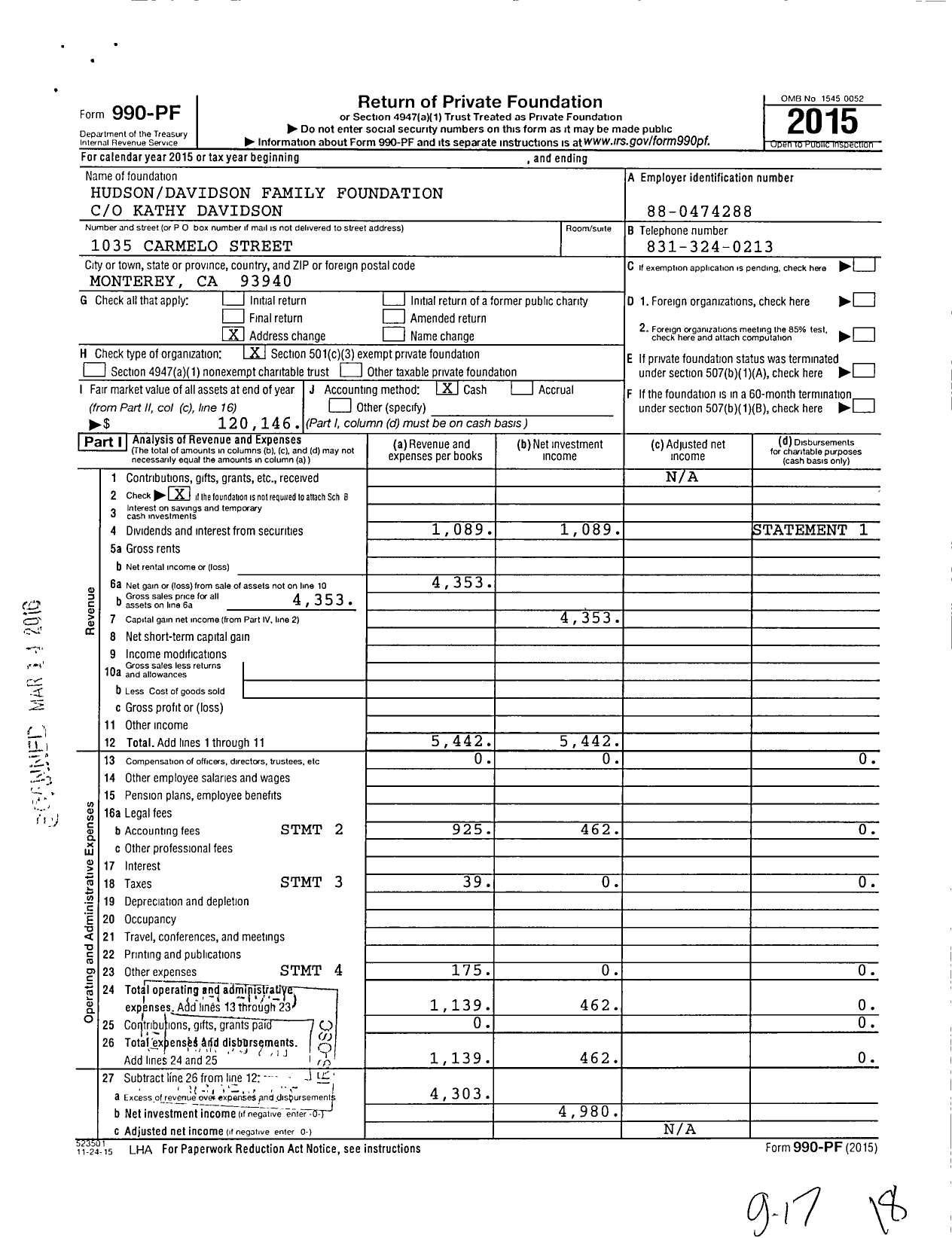 Image of first page of 2015 Form 990PF for Hudson Davidson Family Foundation