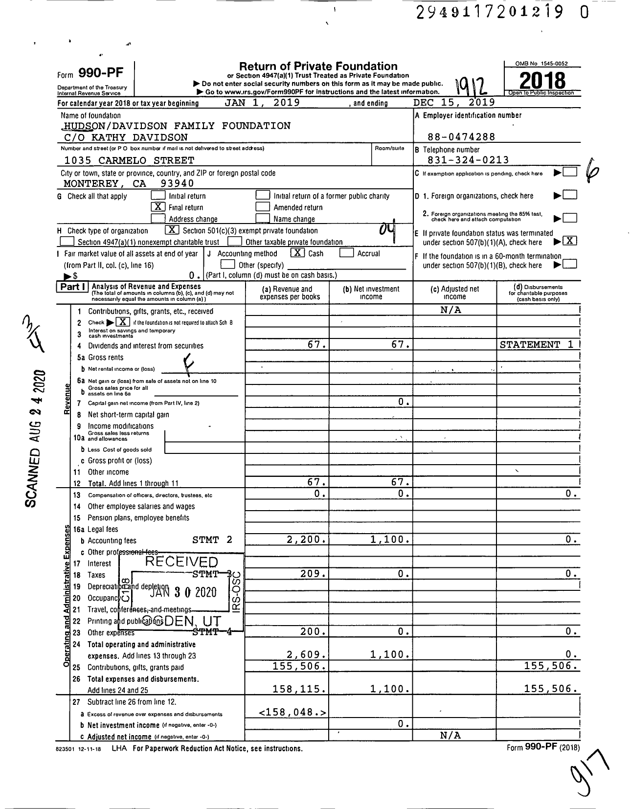 Image of first page of 2019 Form 990PR for Hudson Davidson Family Foundation