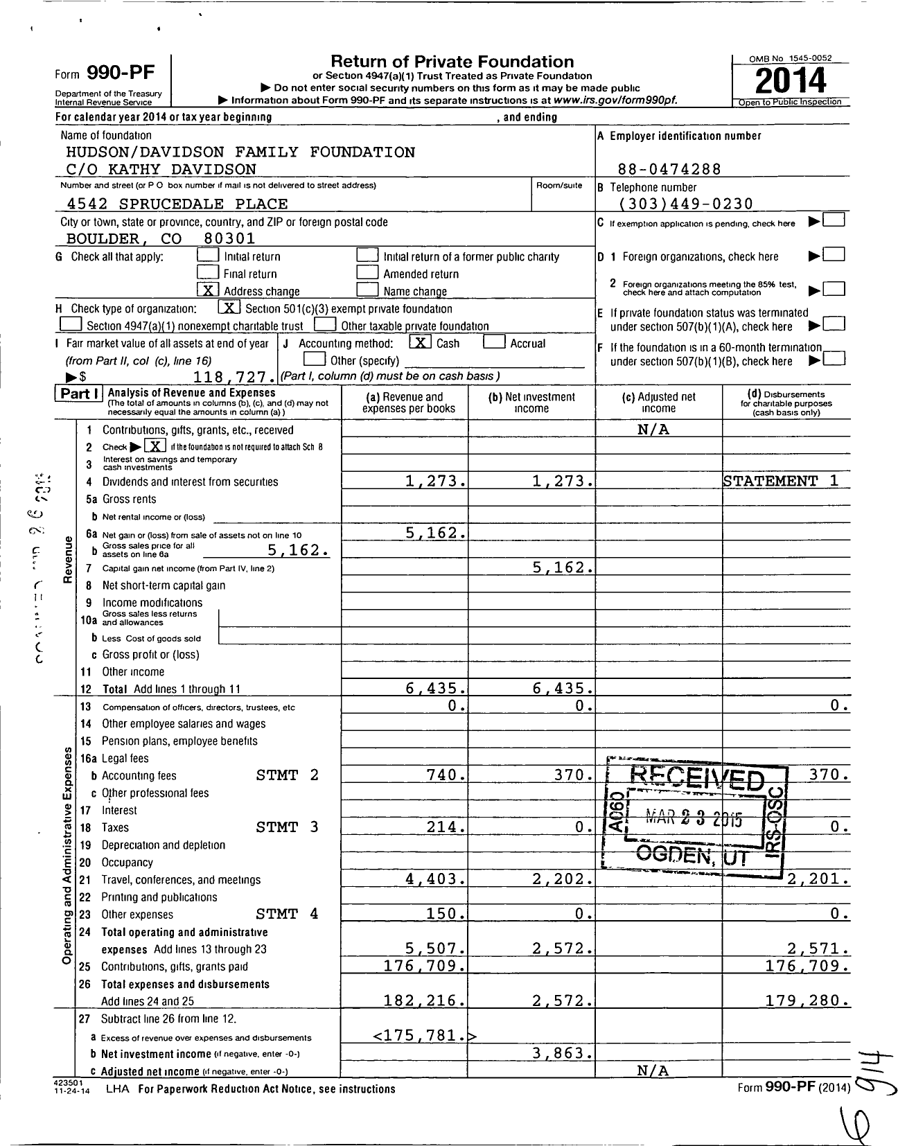 Image of first page of 2014 Form 990PF for Hudson Davidson Family Foundation