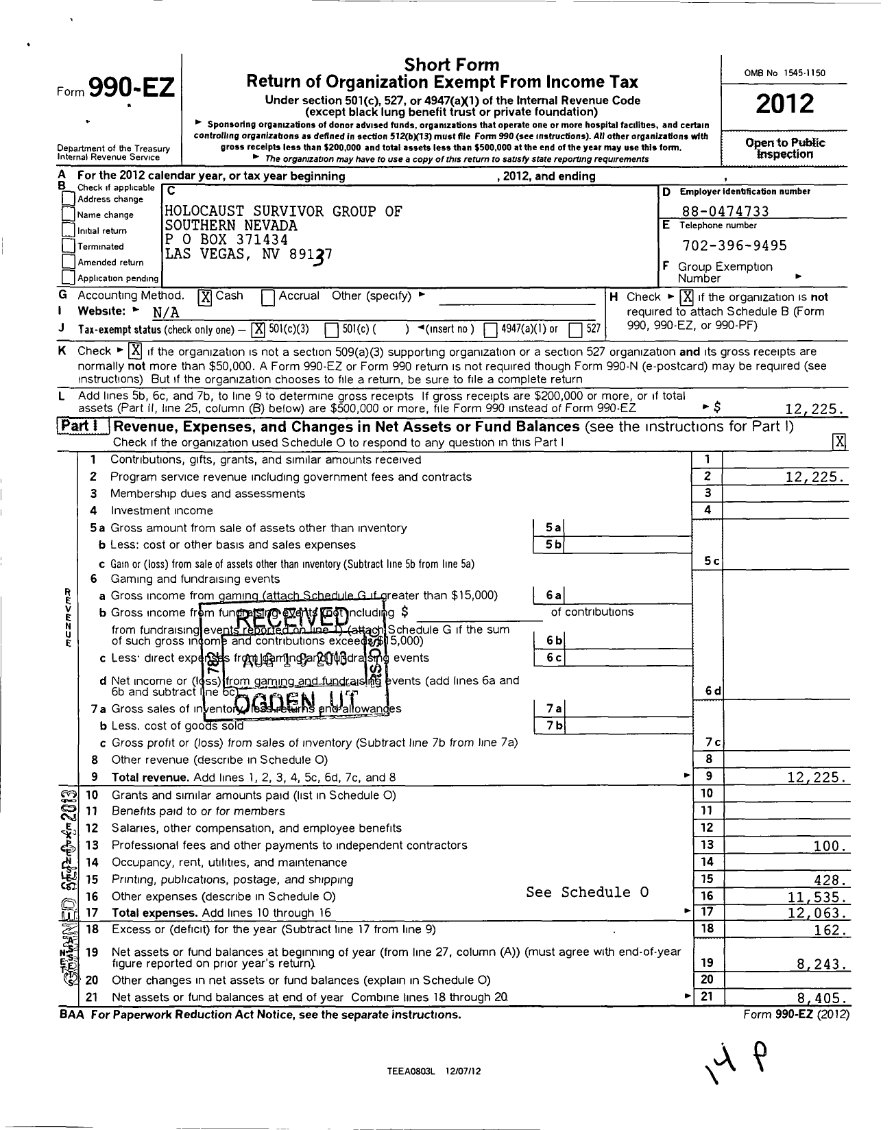 Image of first page of 2012 Form 990EZ for Holocaust Survivor Group of Southern Nevada