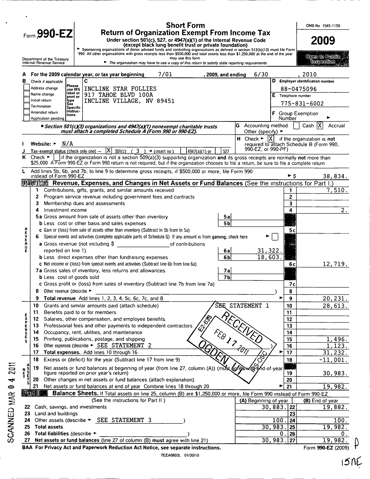Image of first page of 2009 Form 990EZ for Incline Star Follies
